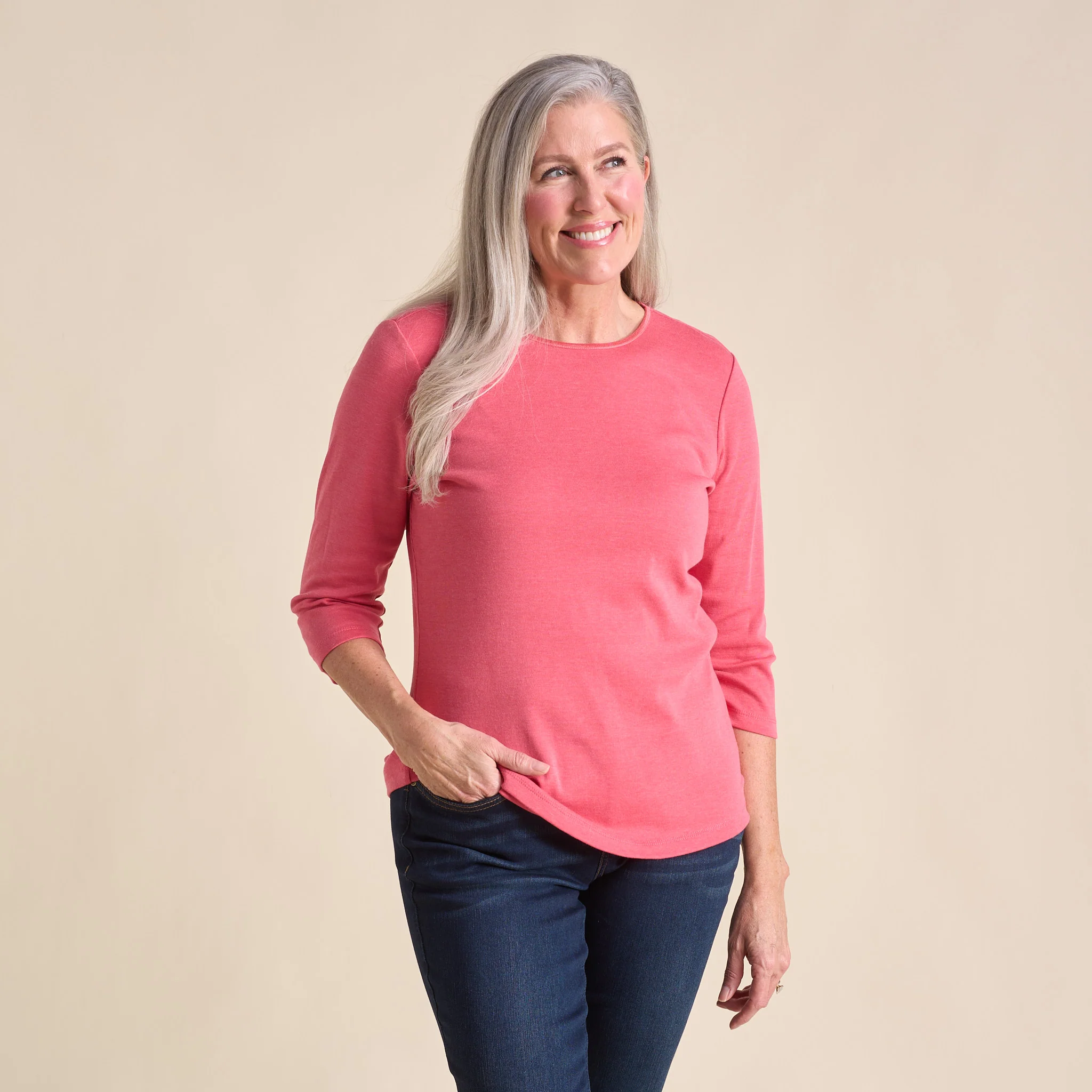 3/4 Sleeve Heathered Satin Trim Plus Perfect Tee - Image 3