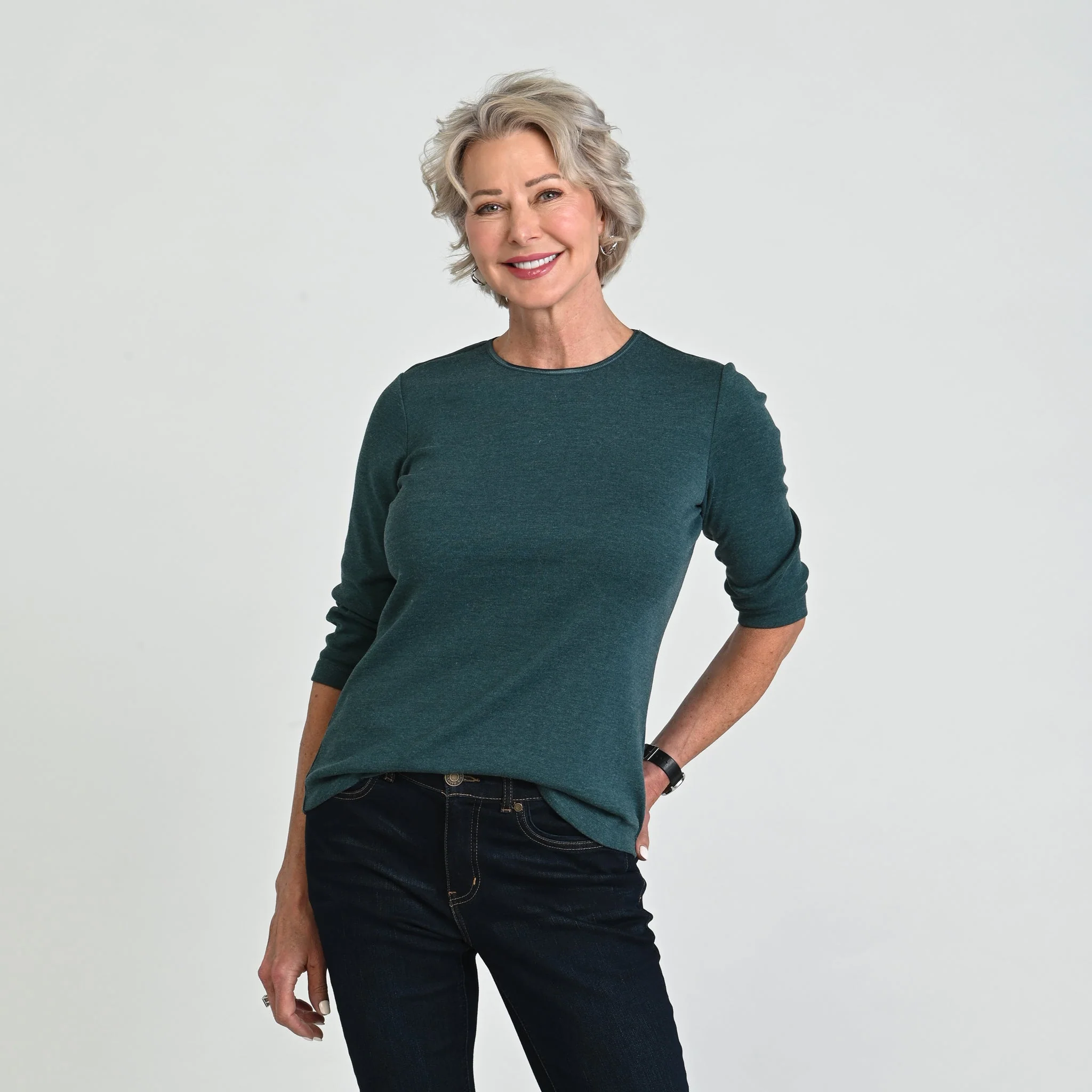 3/4 Sleeve Heathered Satin Trim Missy Perfect Tee - Image 7