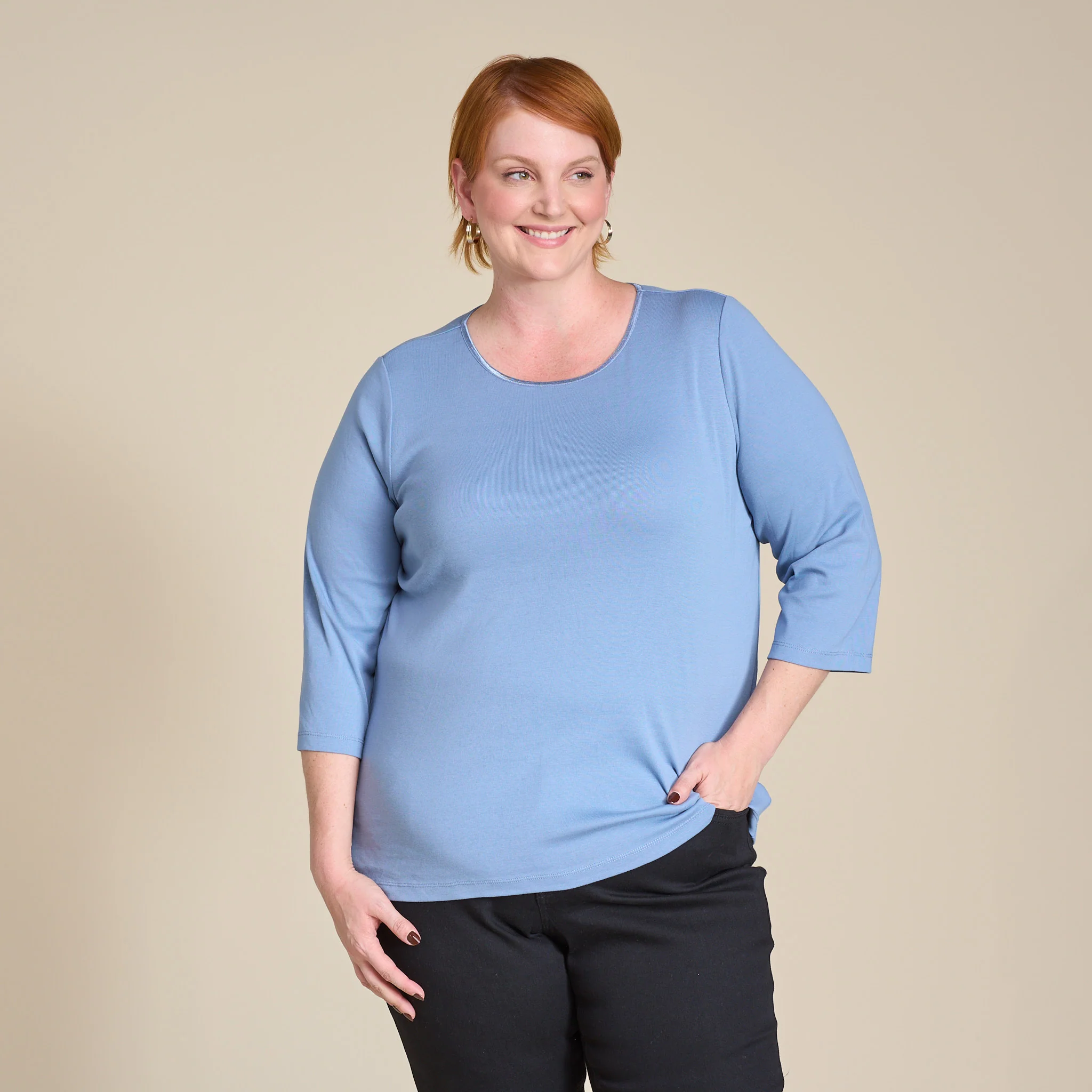 3/4 Sleeve Satin Trim Plus Size Perfect Tee