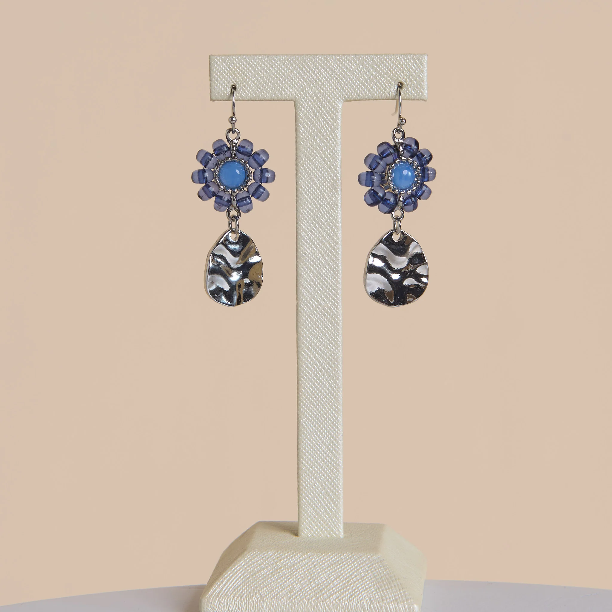 Abstract Blue Floral Fishhook Drop Earrings