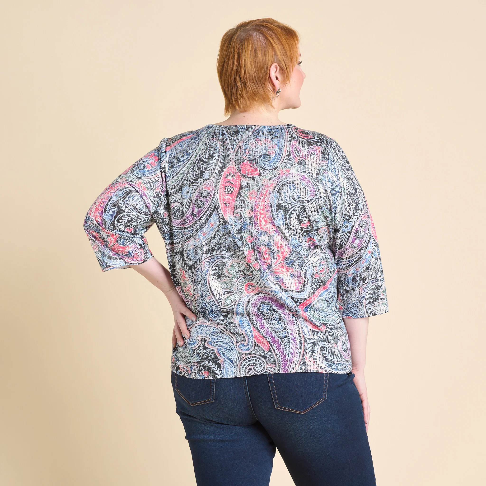 Paisley Print Foil Detail 3/4 Sleeve Tee - Image 3