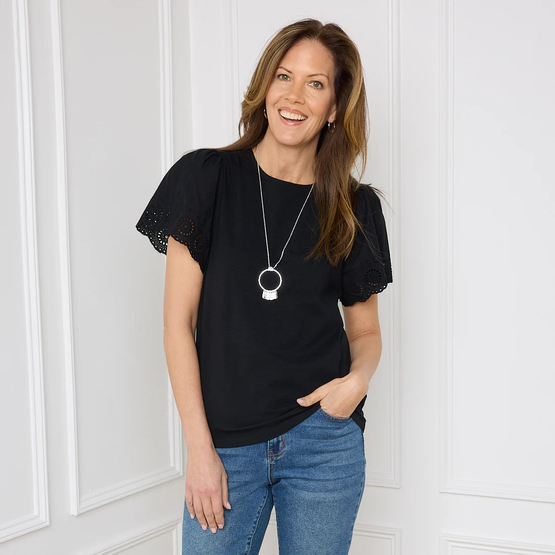 Flutter Eyelet Short Sleeve Top