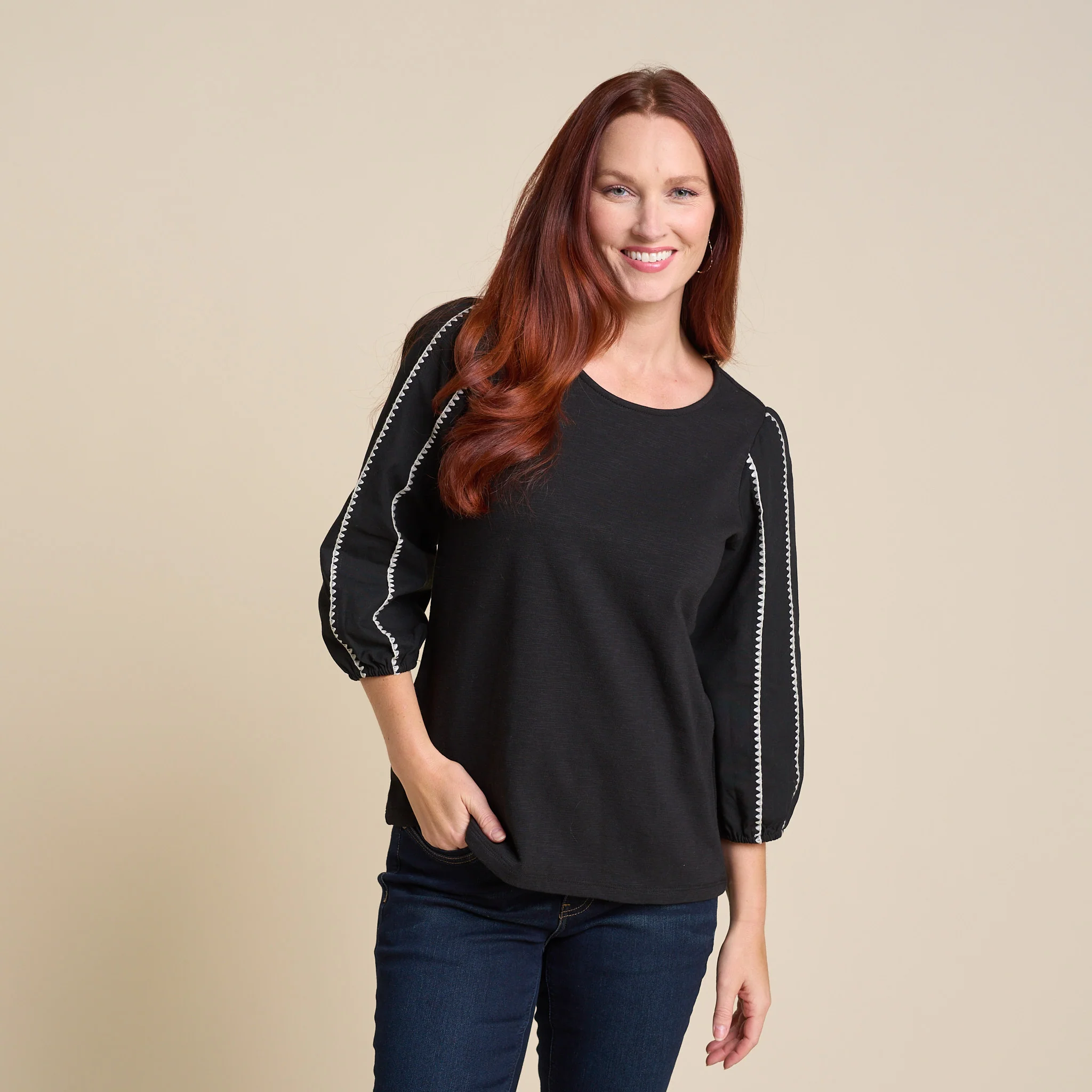 Blanket Stitch Trim 3/4 Sleeve  Top - Image 5