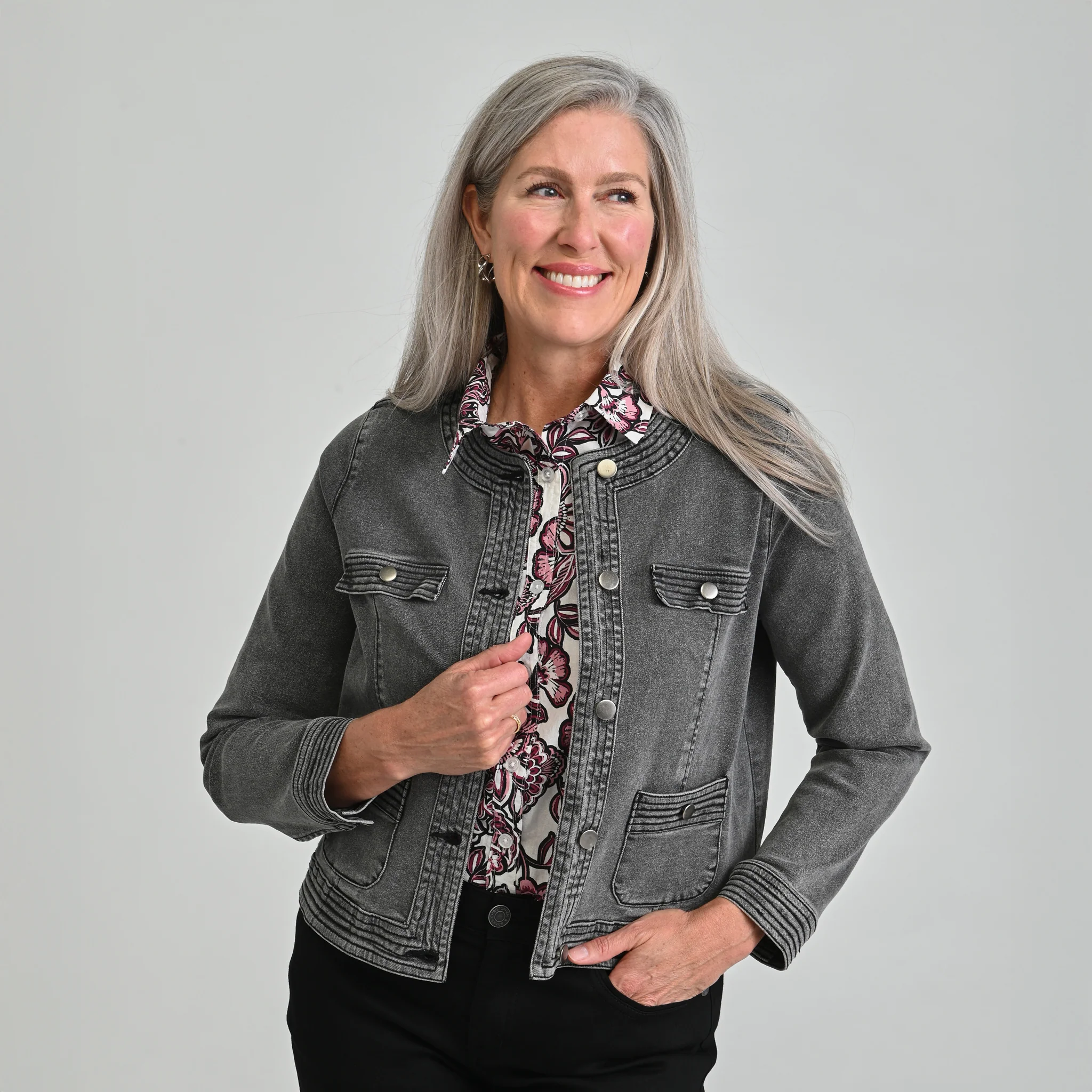 Button Front Collarless Denim Jacket - Image 4