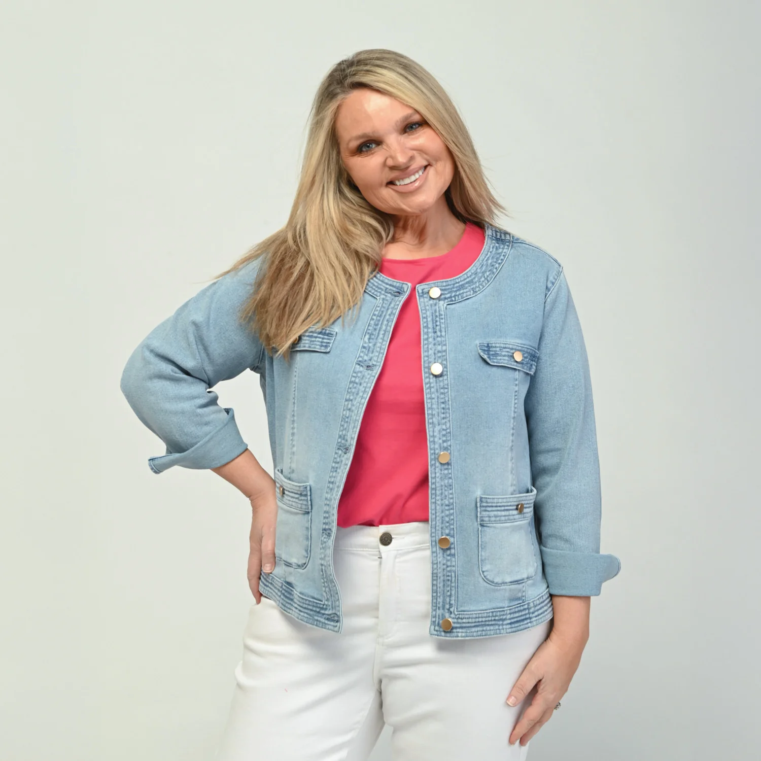 Button Front Collarless Denim Jacket - Image 7
