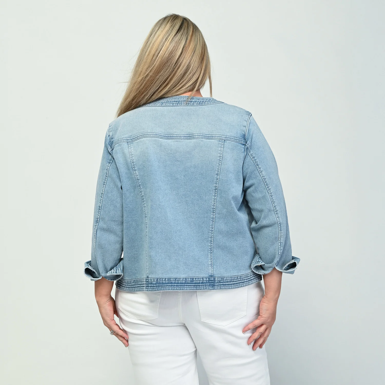 Button Front Collarless Denim Jacket - Image 8