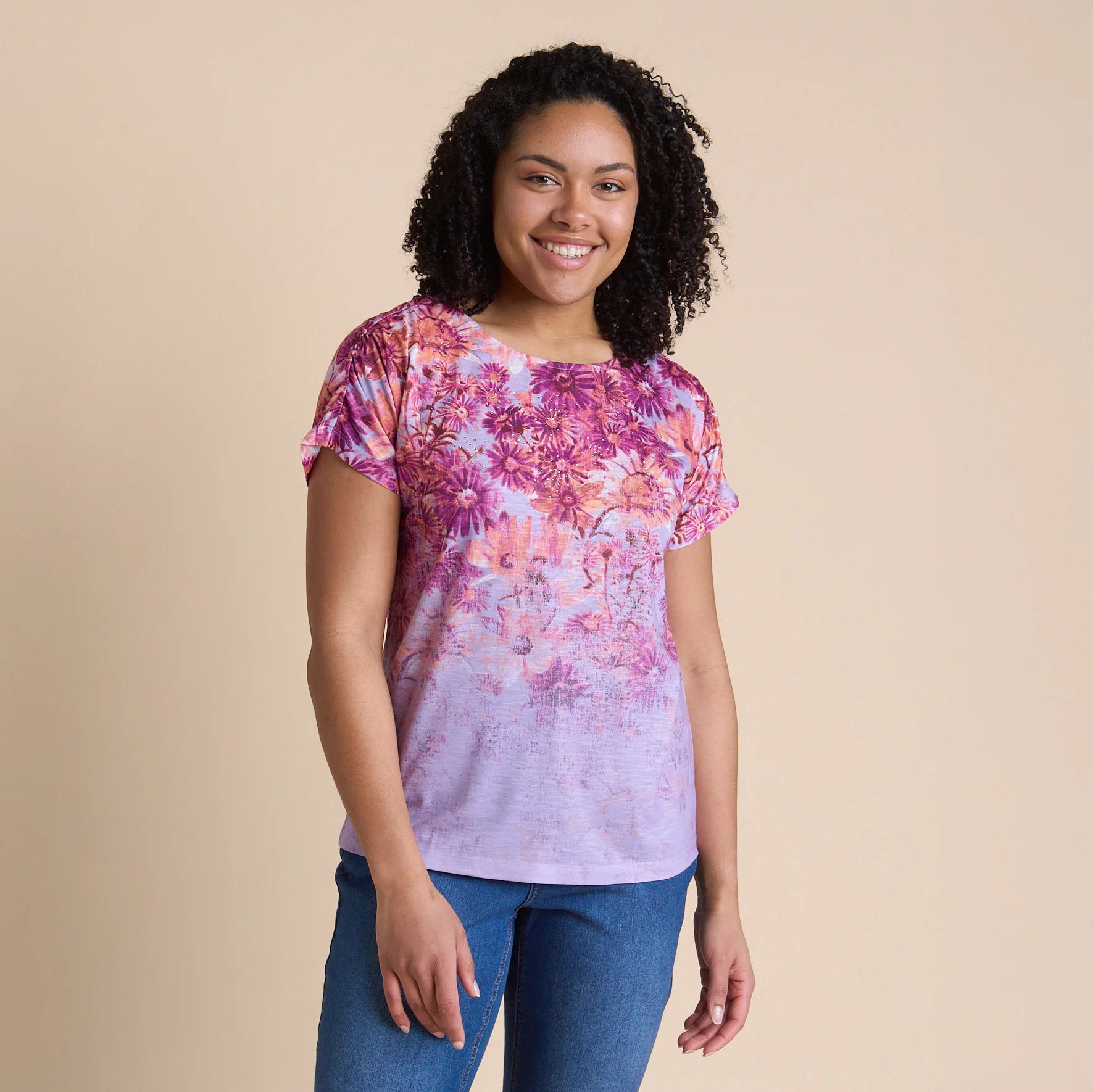 Embellished Artistic Floral Print Dolman Sleeve Tee