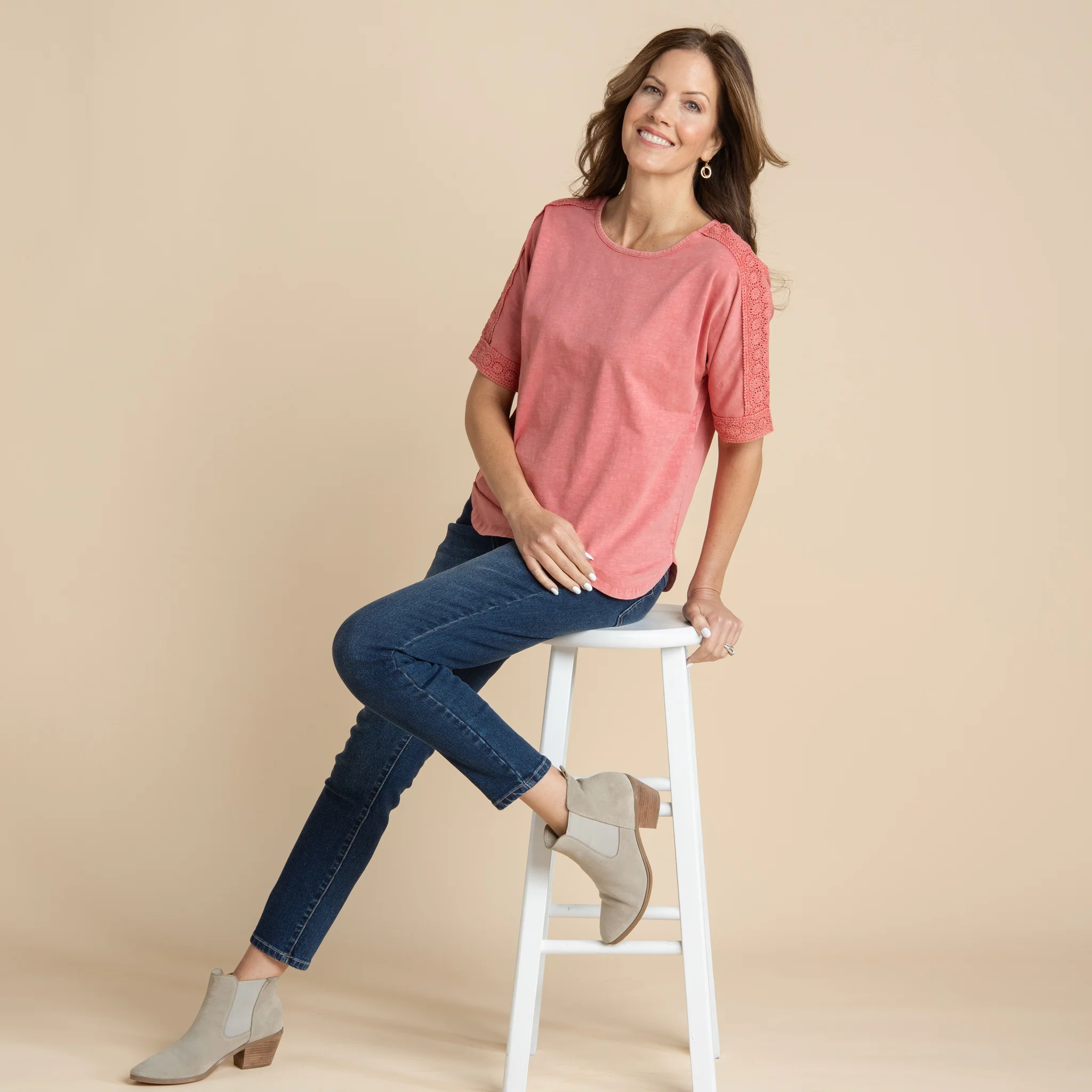 Crochet Detail Dolman Elbow Sleeve Tee