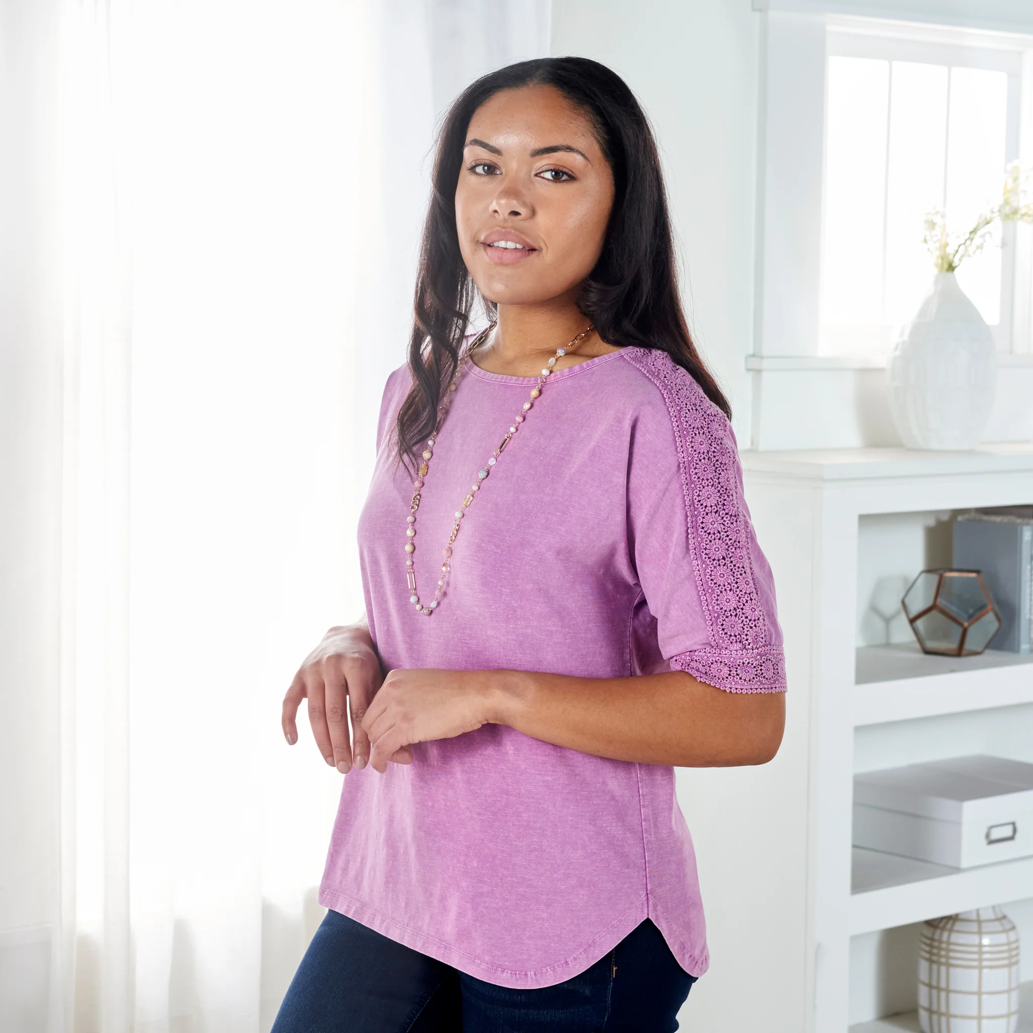 Crochet Detail Dolman Elbow Sleeve Tee - Image 3