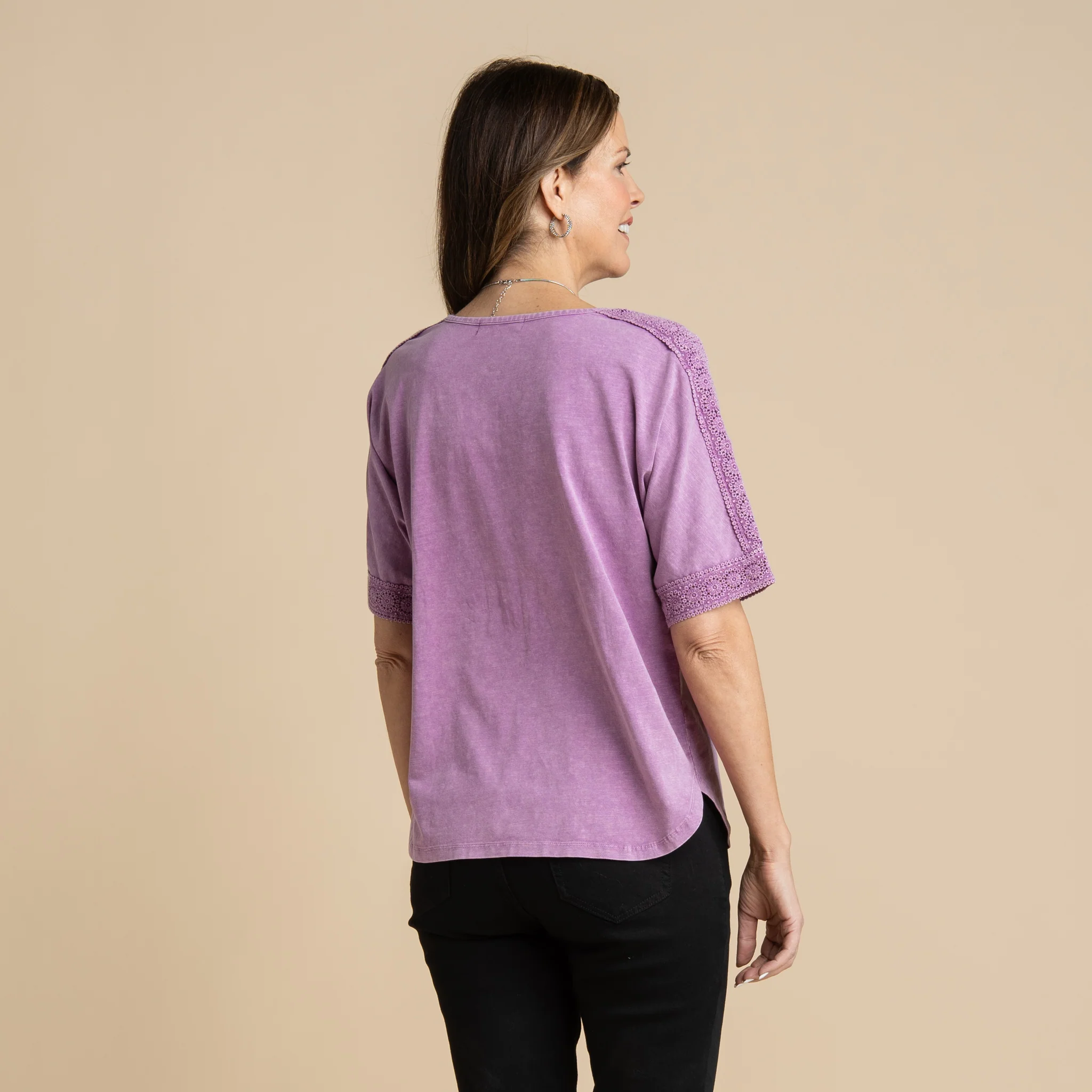 Crochet Detail Dolman Elbow Sleeve Tee - Image 5