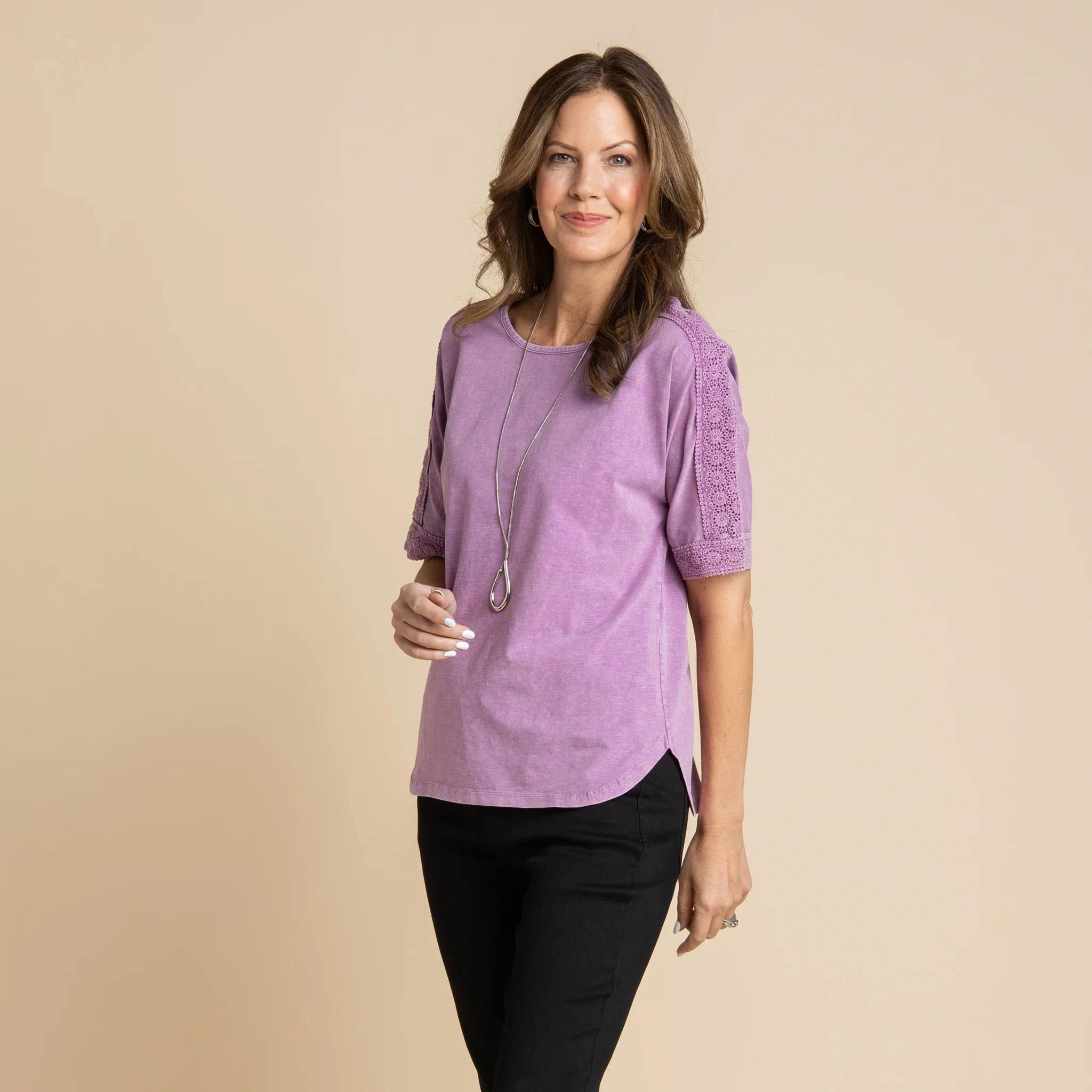 Crochet Detail Dolman Elbow Sleeve Tee - Image 7