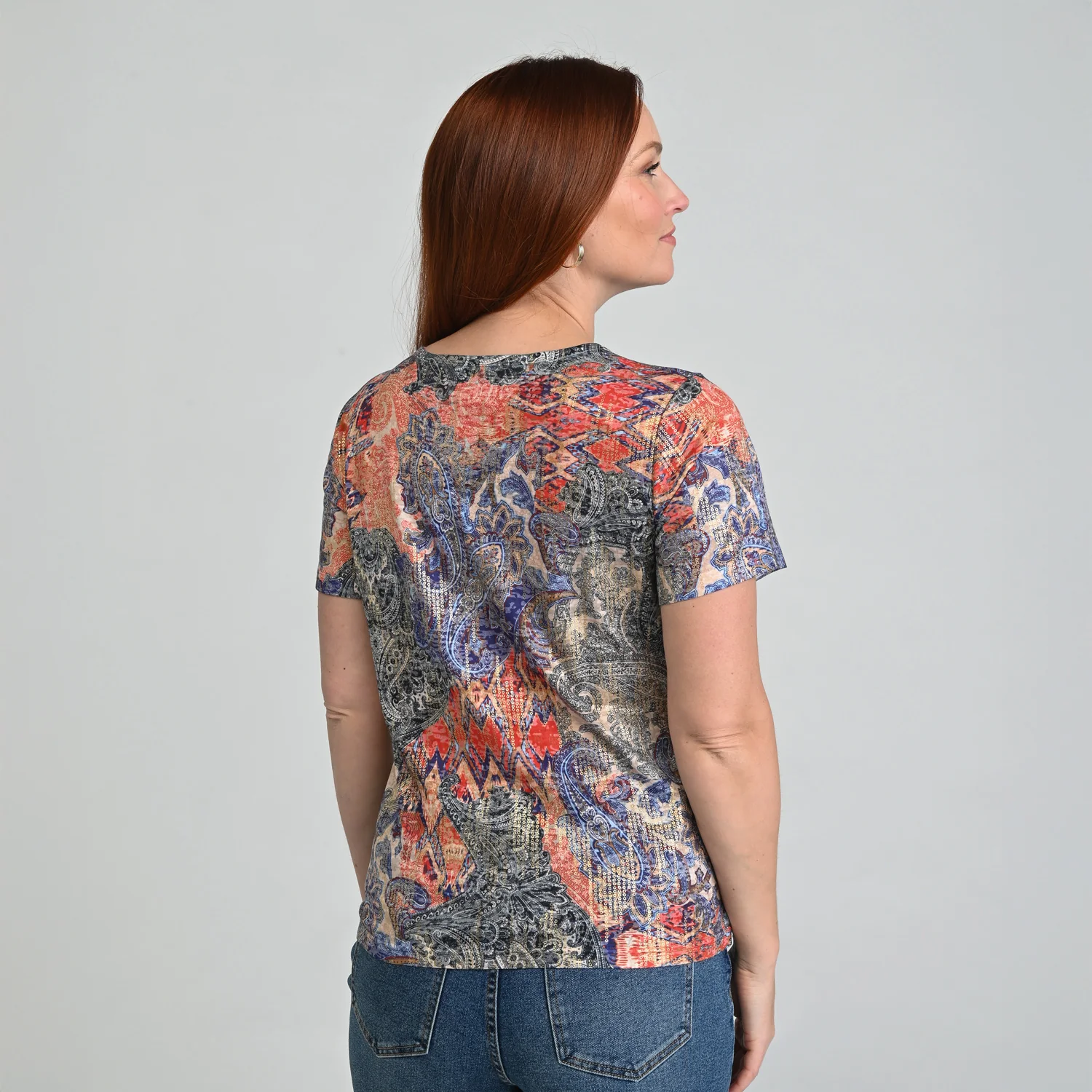 Foil Print Short Sleeve V-Neck Tee - Image 3