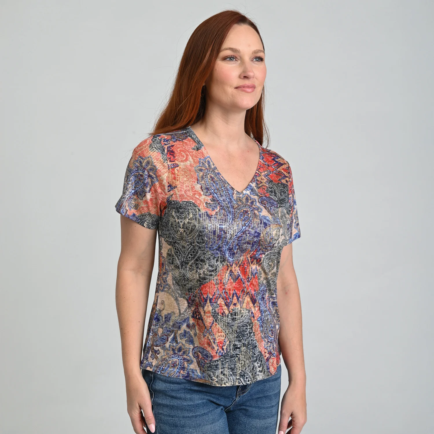 Foil Print Short Sleeve V-Neck Tee - Image 4