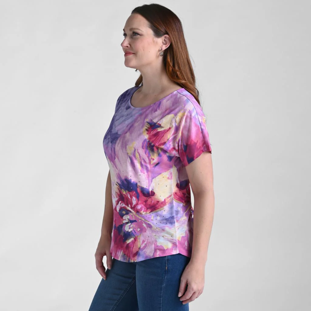 Embellished Floral Print Dolman Sleeve Tee - Image 4