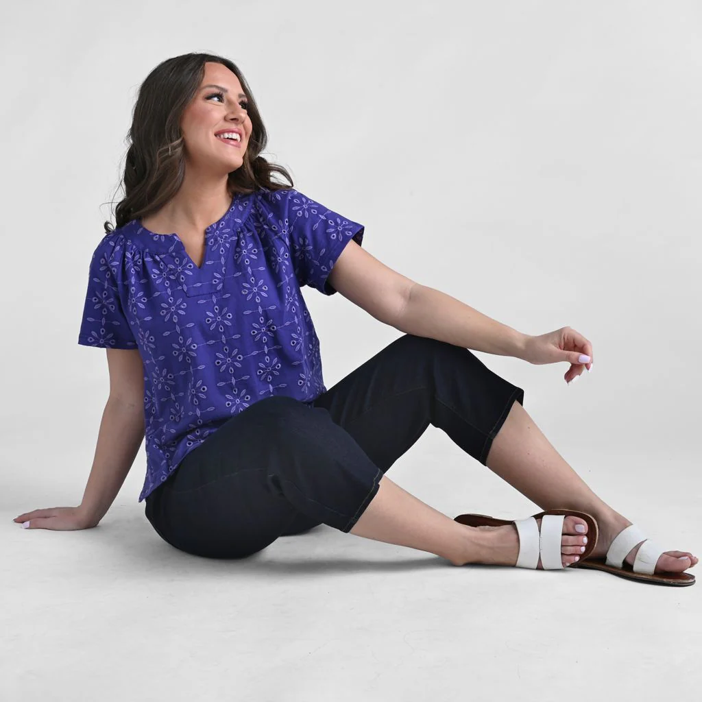 Embroidered Eyelet Notch Neck Top - Image 3