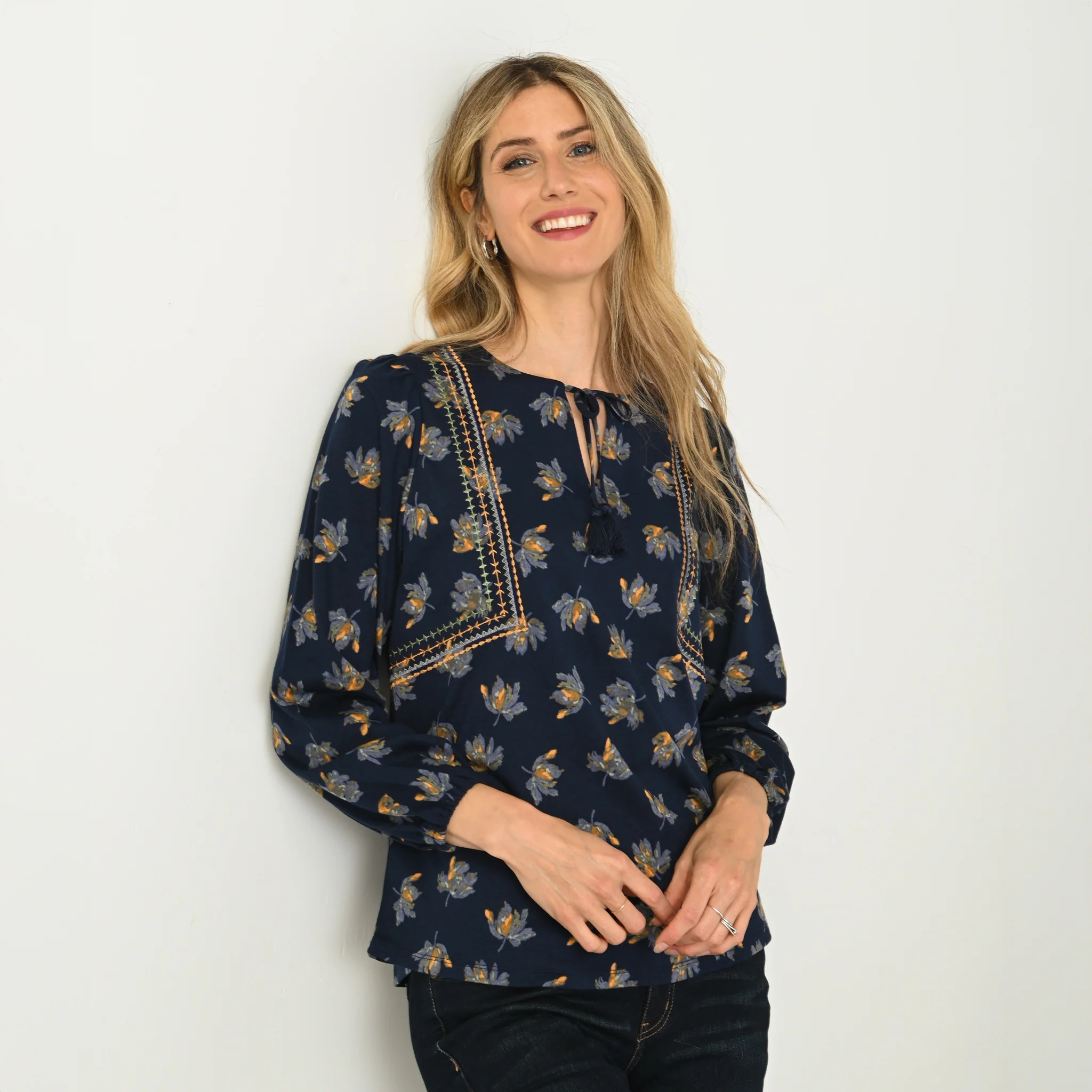 Embroidered Tie Neck Peasant Top - Image 3