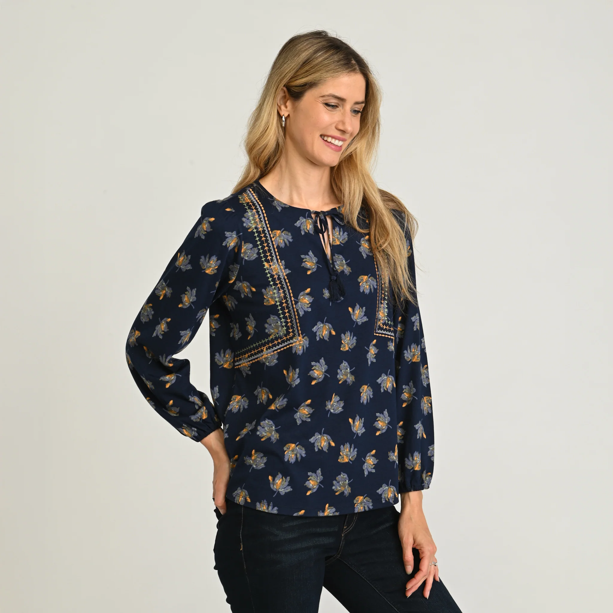 Embroidered Tie Neck Peasant Top - Image 5