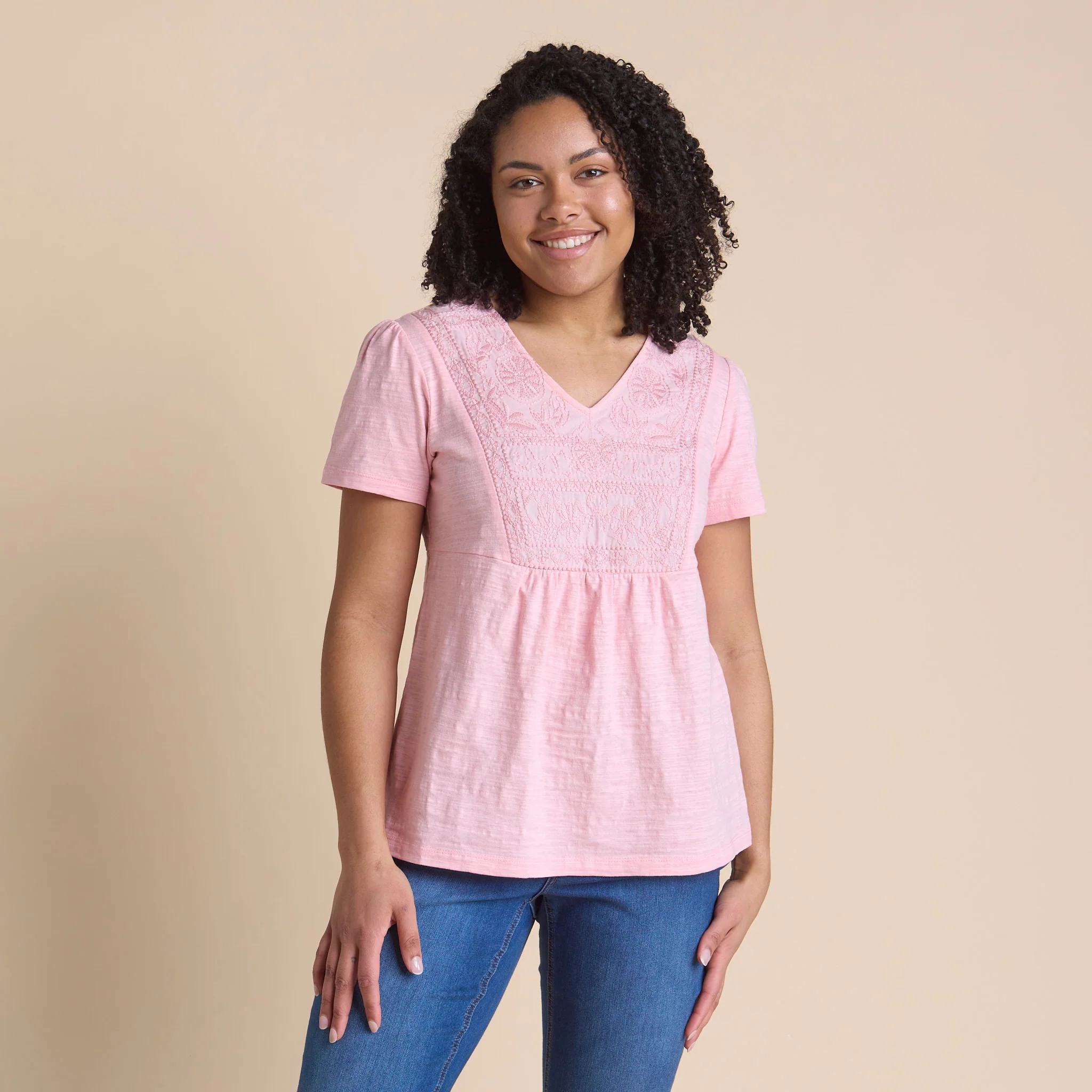 Embroidered Bib V-Neck Short Sleeve Tee