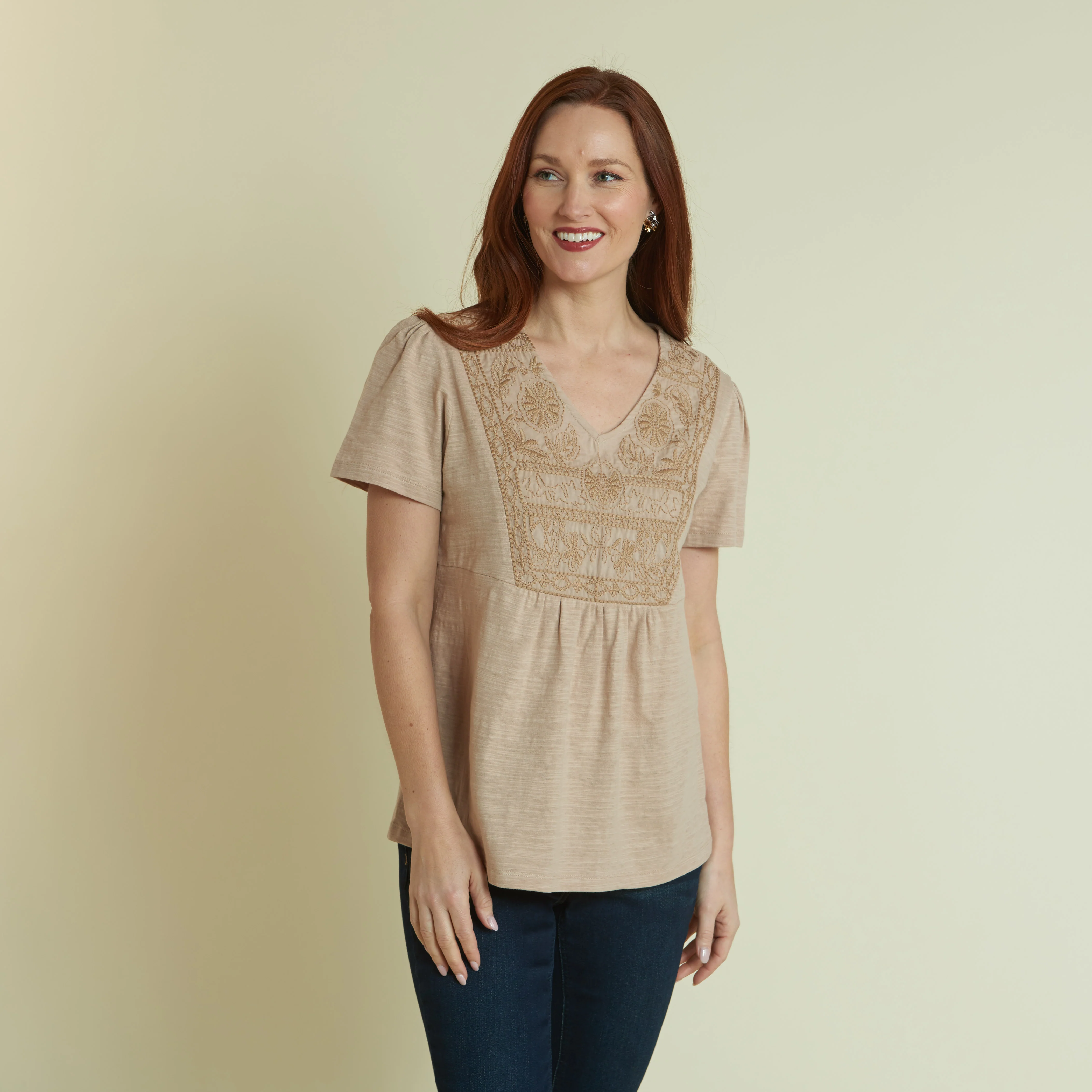 Embroidered Bib V-Neck Short Sleeve Tee - Image 4