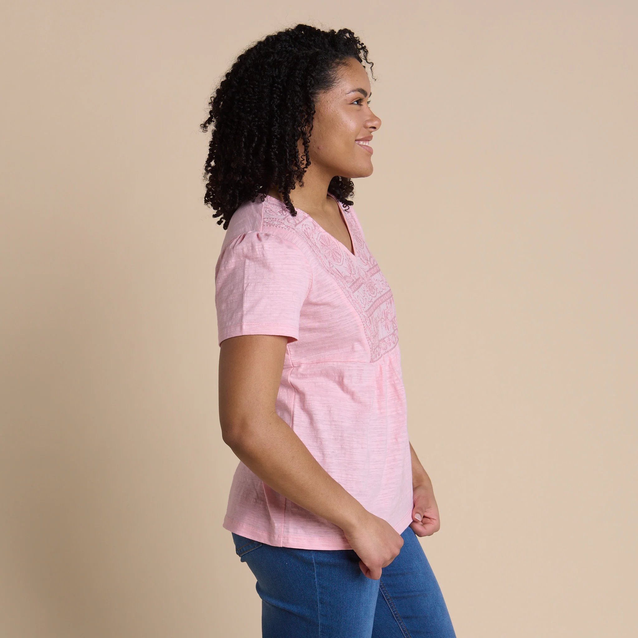 Embroidered Bib V-Neck Short Sleeve Tee - Image 6