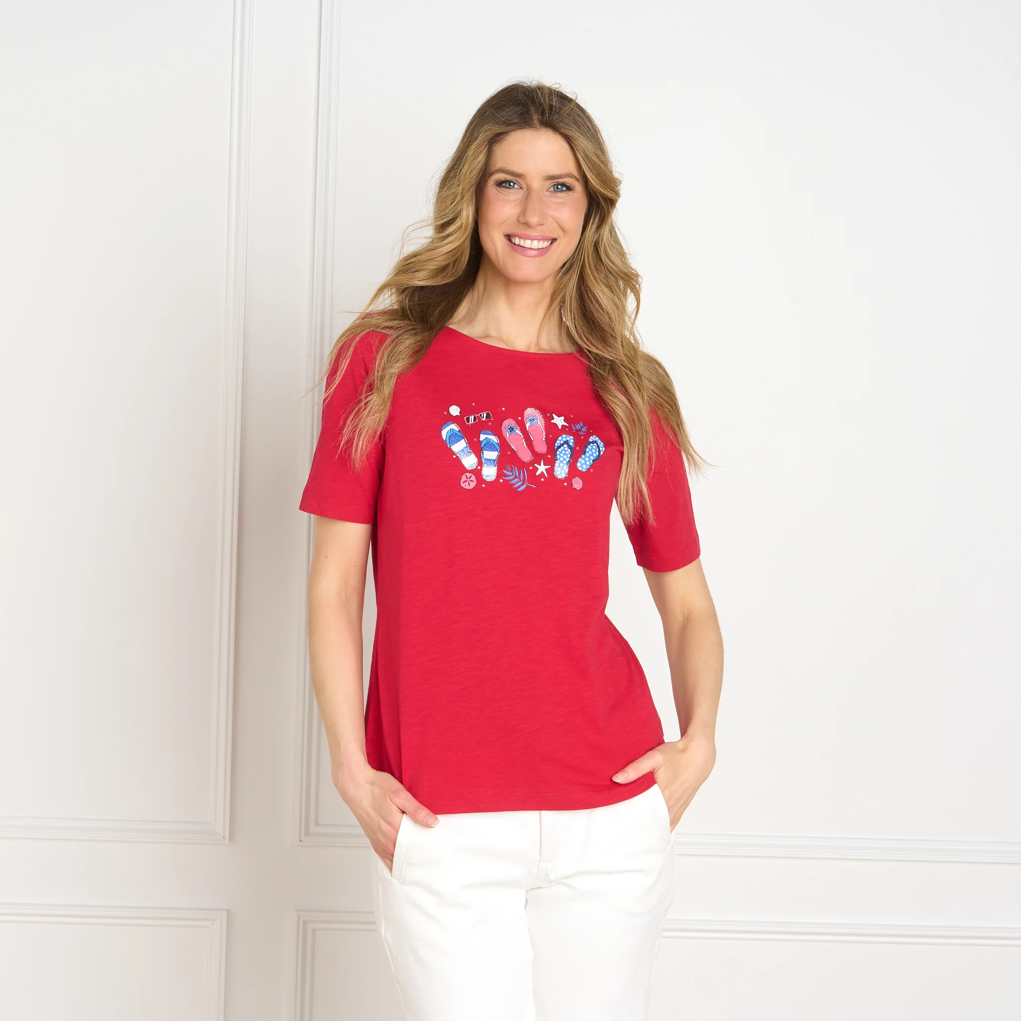 Embellishment Flip Flop Print Elbow Sleeve Tee