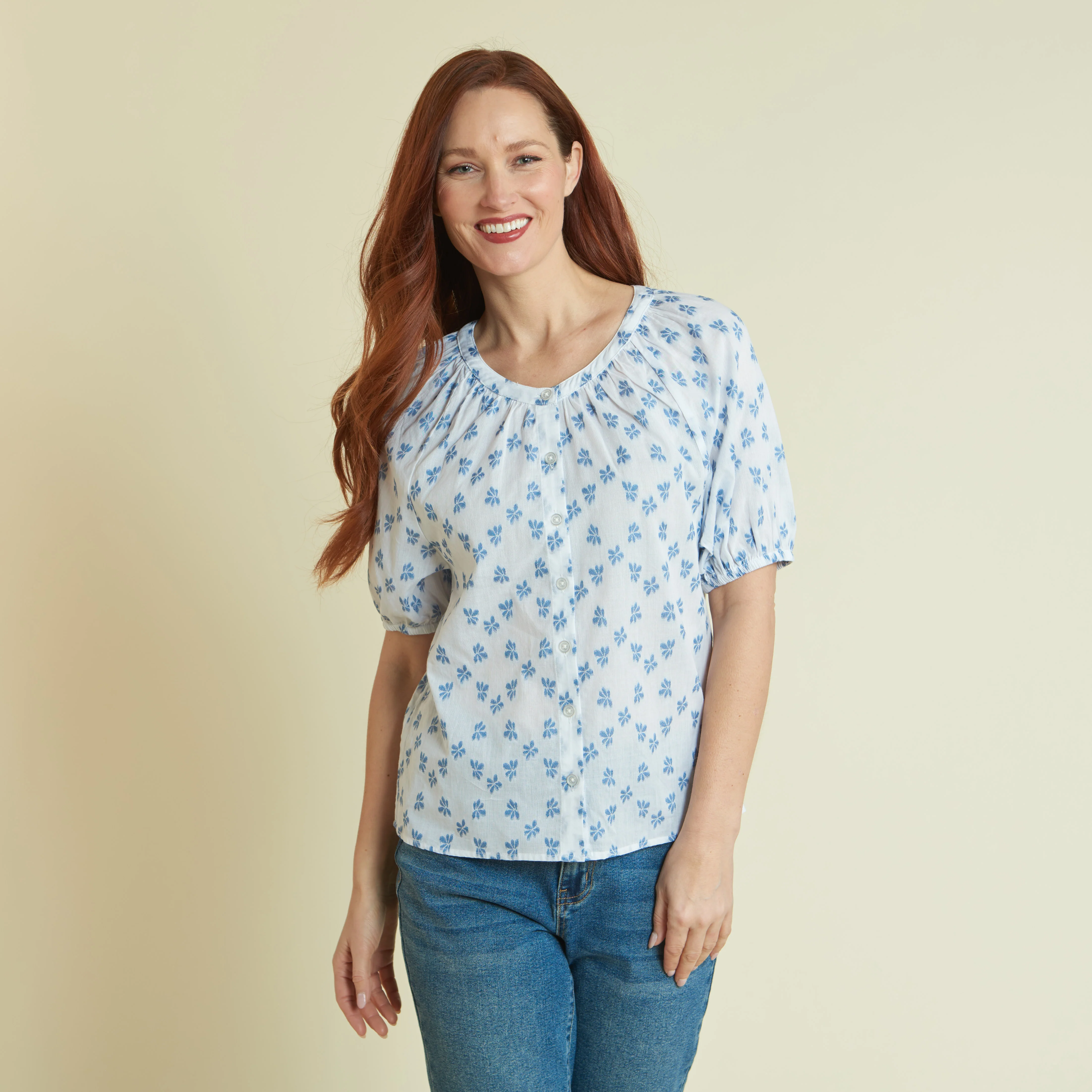 Floral Clip Dot Button Front Peasant Top - Image 3
