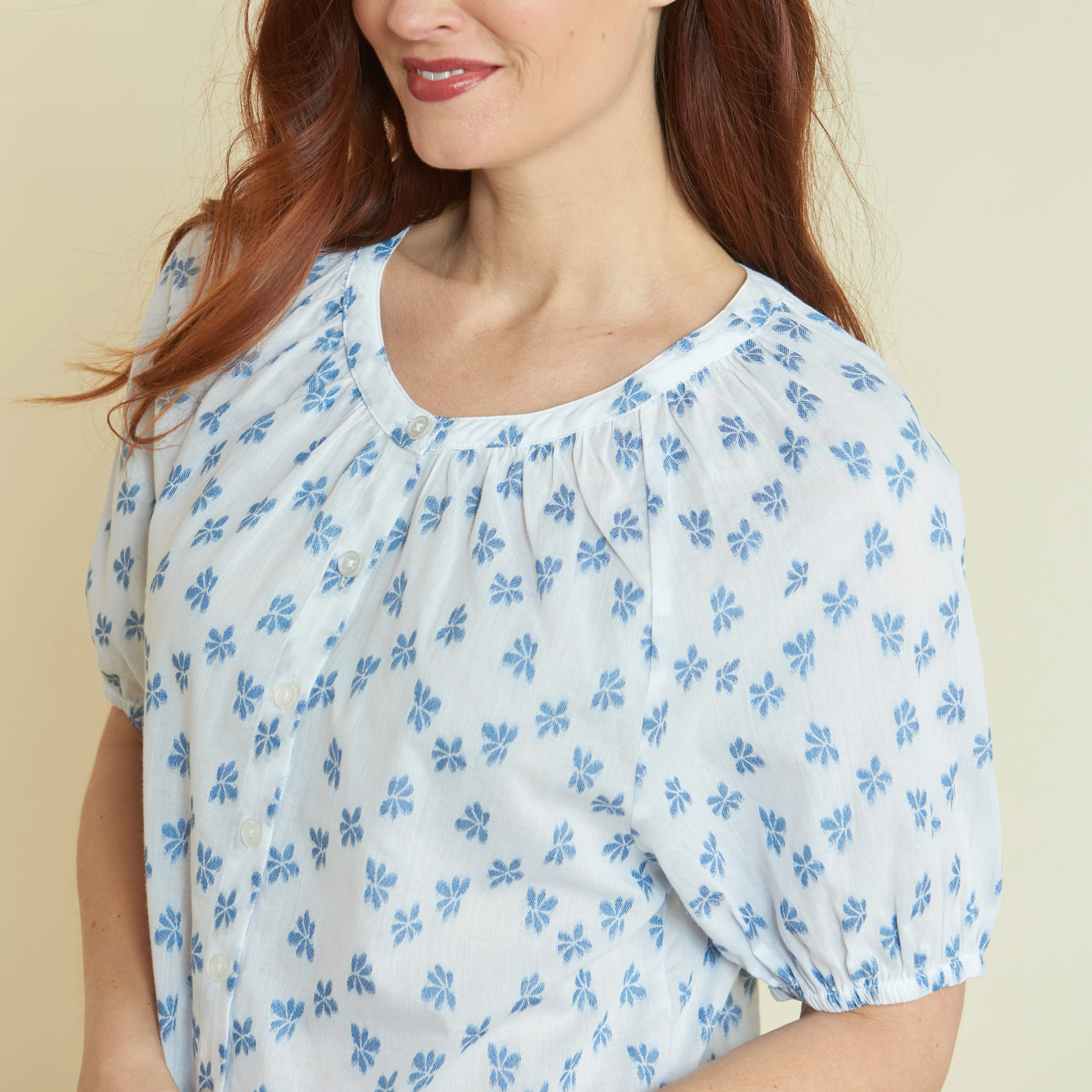 Floral Clip Dot Button Front Peasant Top - Image 4