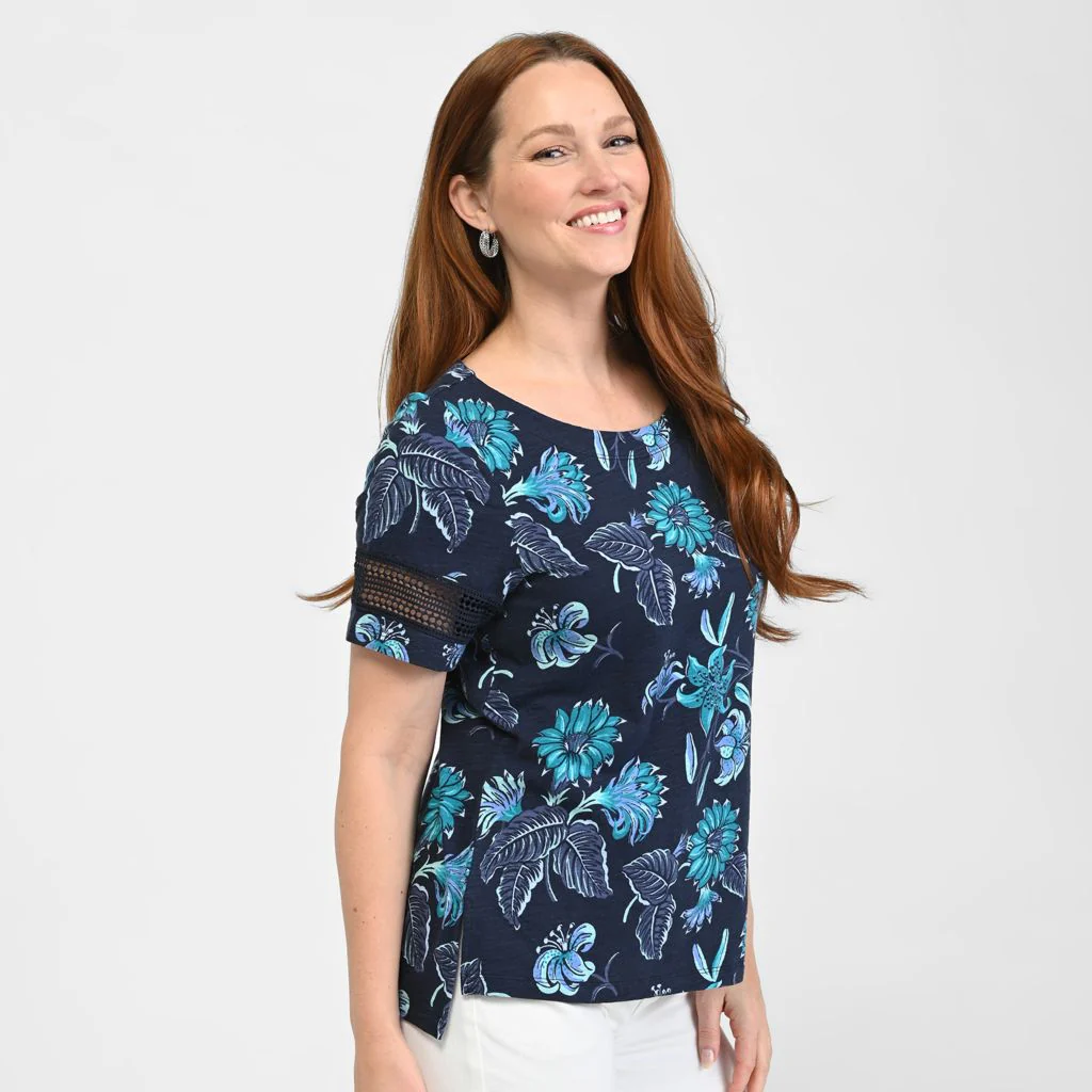 Floral Print Lace Inset Short Sleeve Tee - Image 4