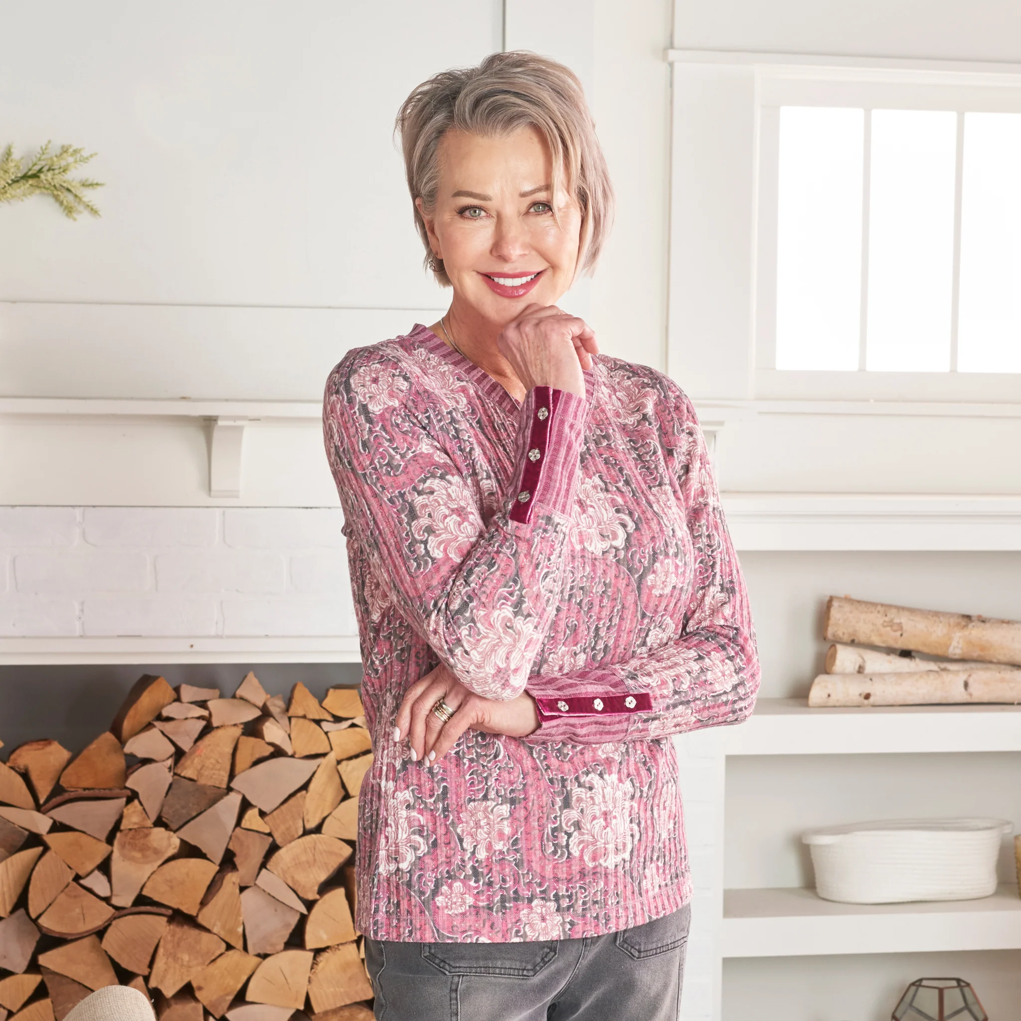 Floral Print Rib Knit Long Sleeve Tee - Image 2