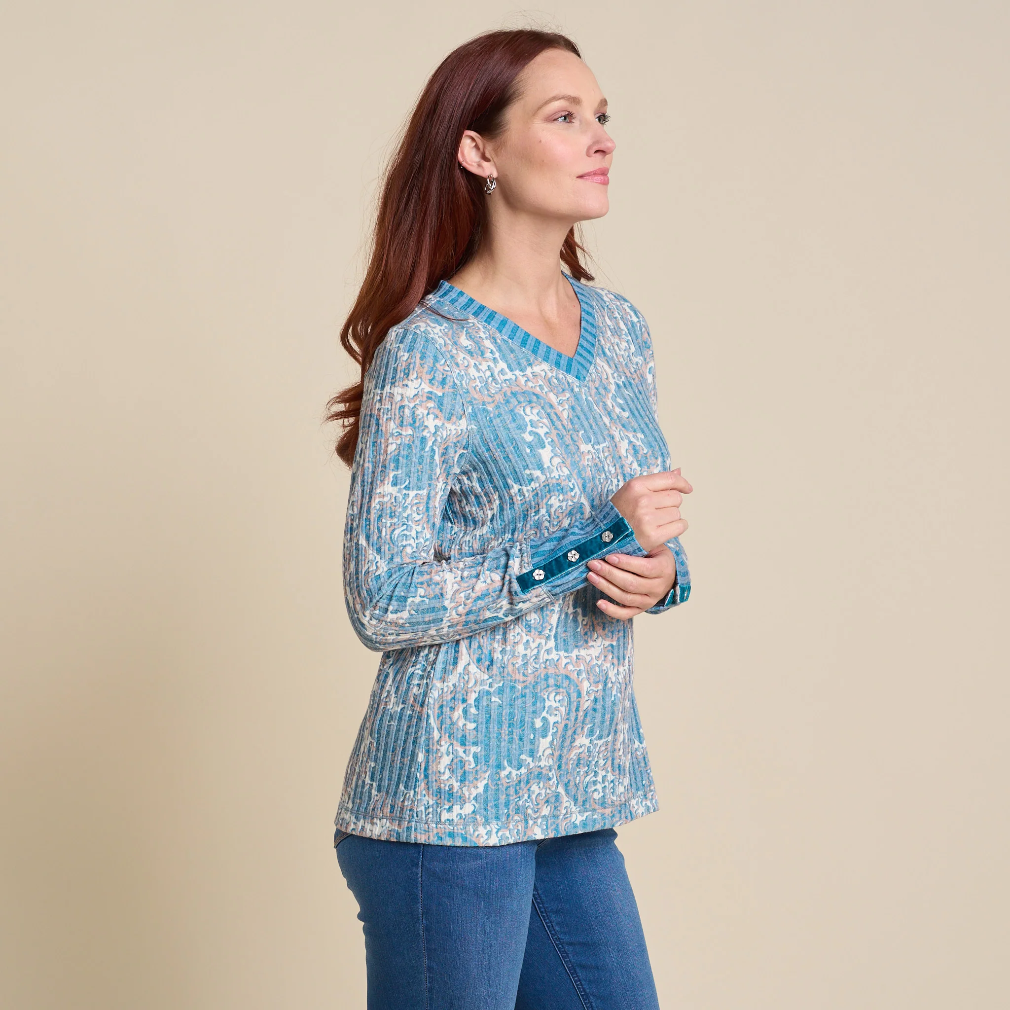 Floral Print Rib Knit Long Sleeve Tee - Image 5