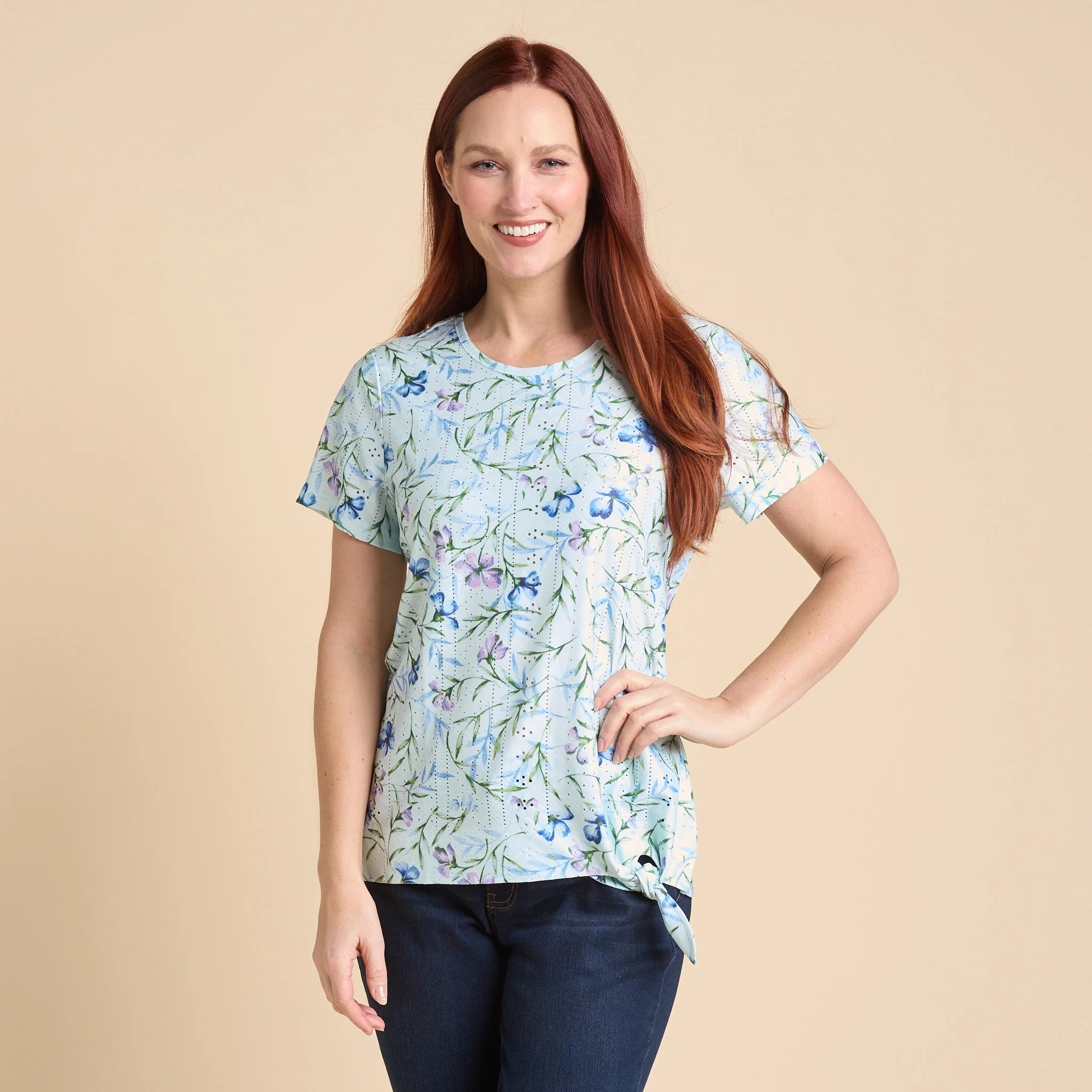 Floral Print Tie Front Eyelet Knit Top - Image 3