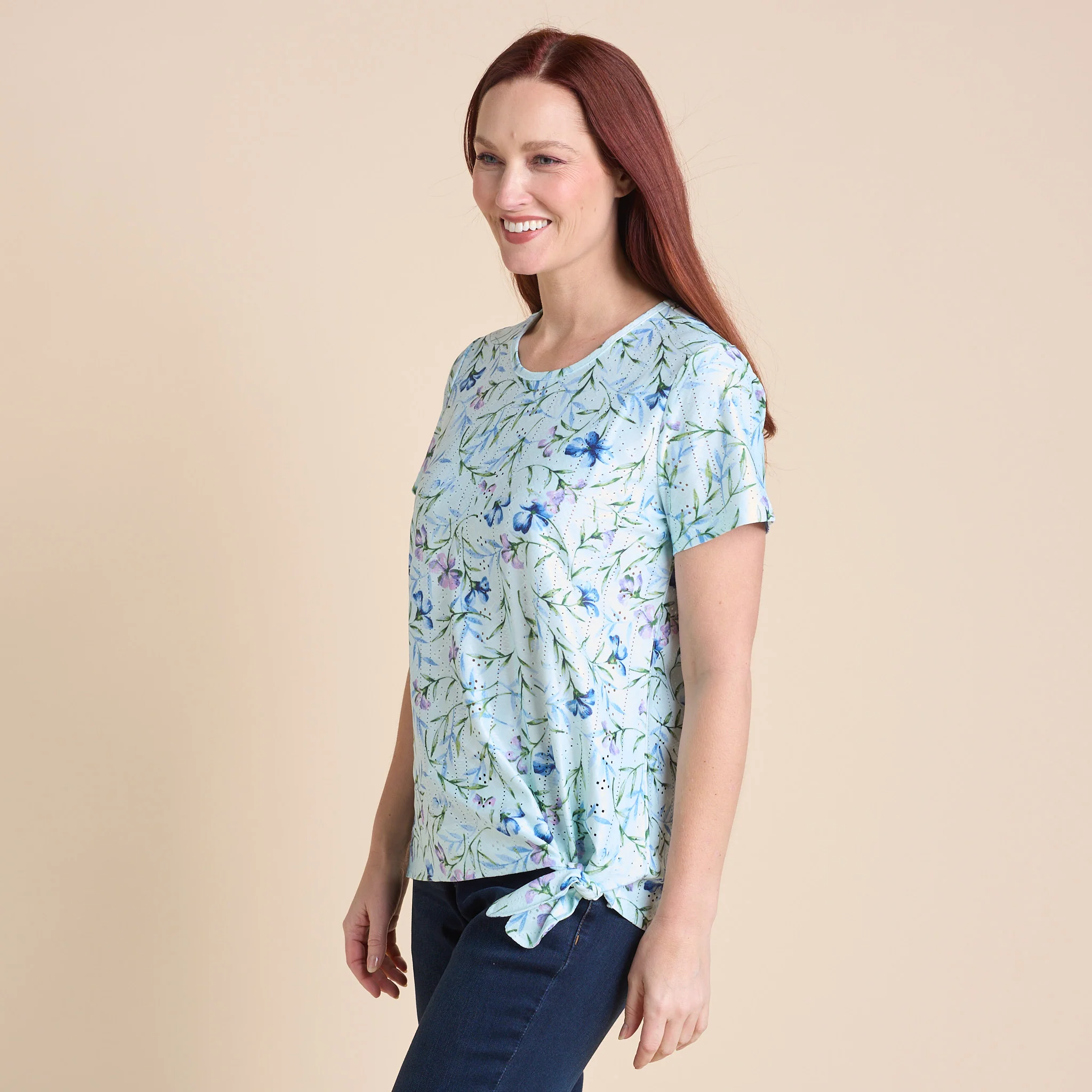 Floral Print Tie Front Eyelet Knit Top - Image 5