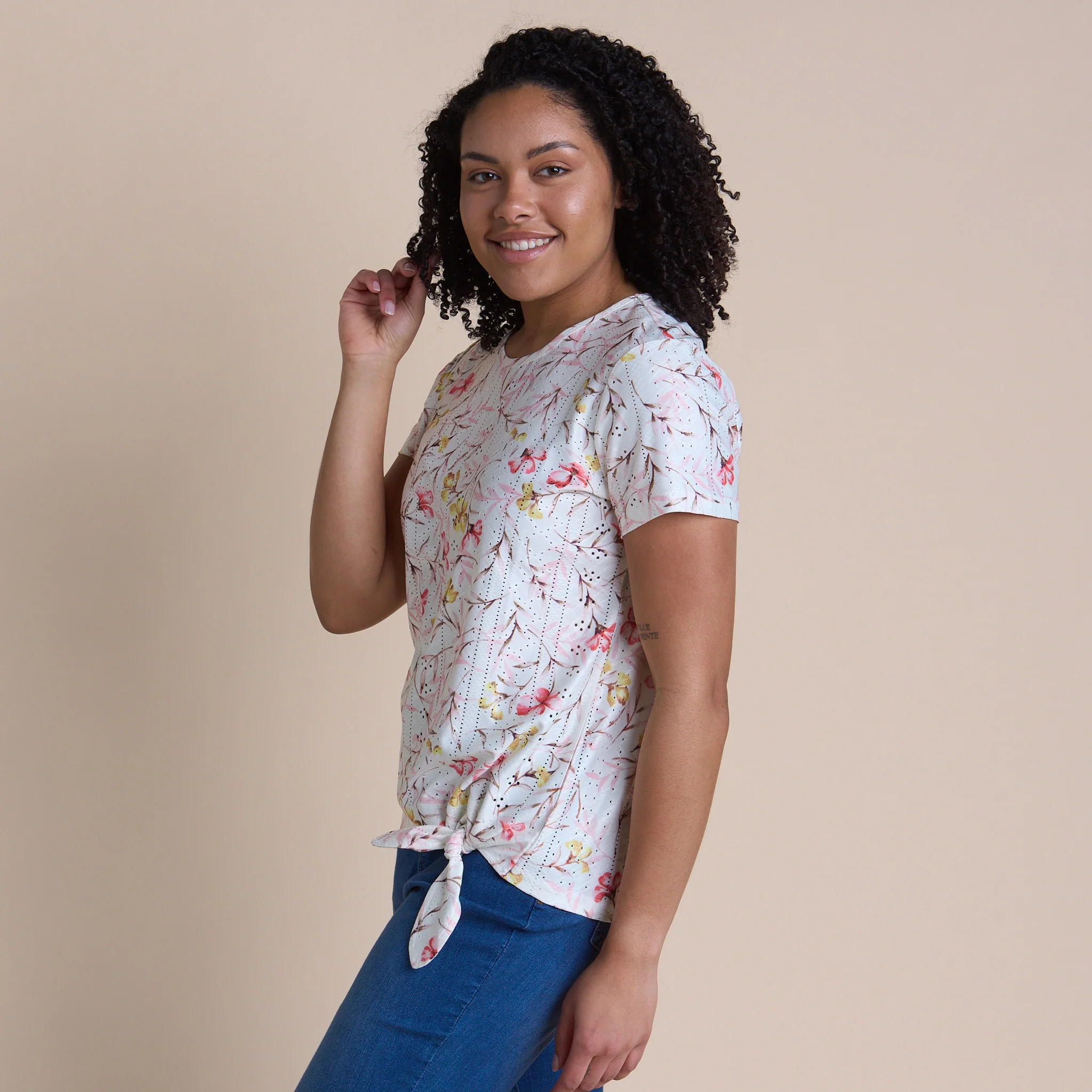 Floral Print Tie Front Eyelet Knit Top - Image 7
