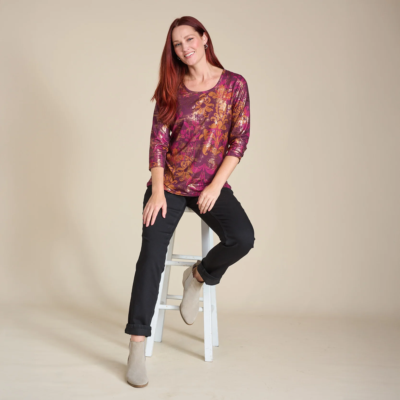 Foil Medallion Print 3/4 Sleeve Tee - Image 3