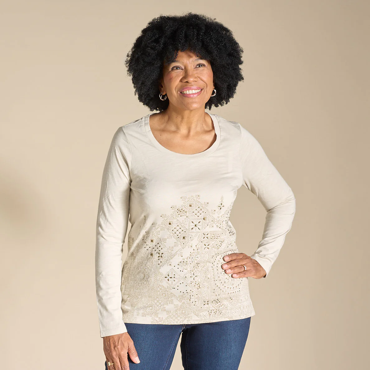 Foil Printed Embellished Long Sleeve Tee
