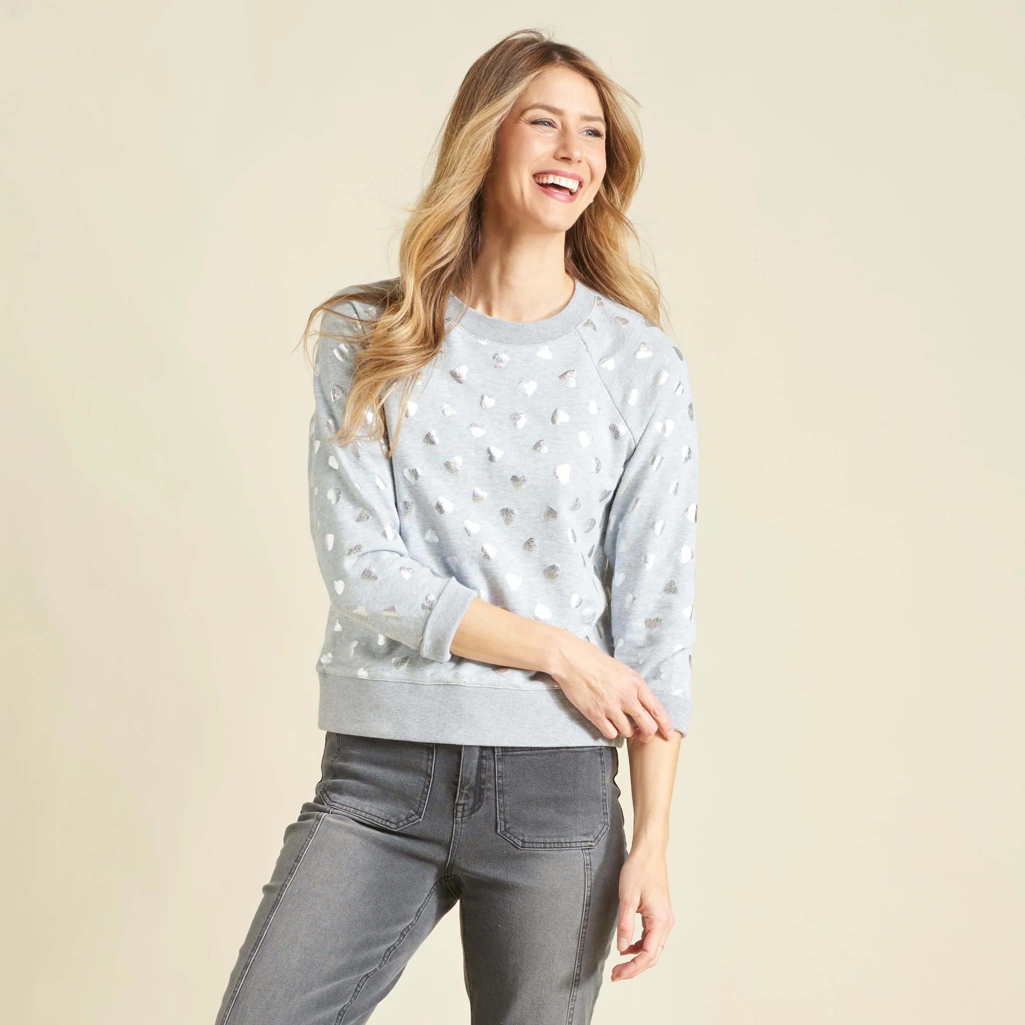 Foil Hearts Print Crew Neck Long Sleeve Sweatshirt