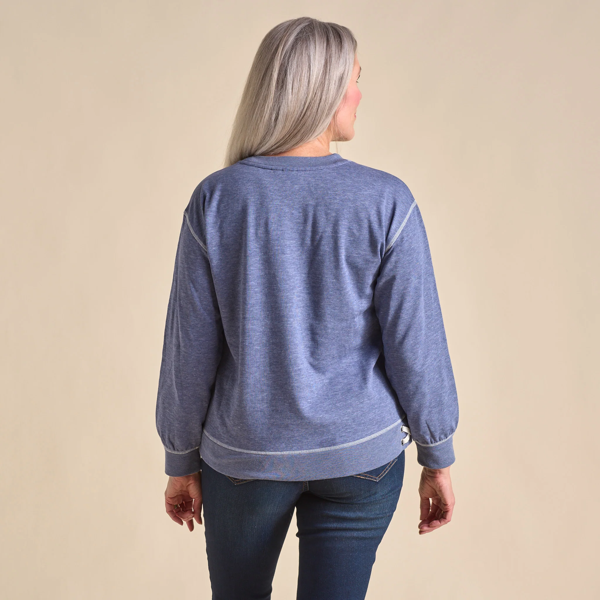 Knit Denim Side Lace Long Sleeve Sweatshirt - Image 2