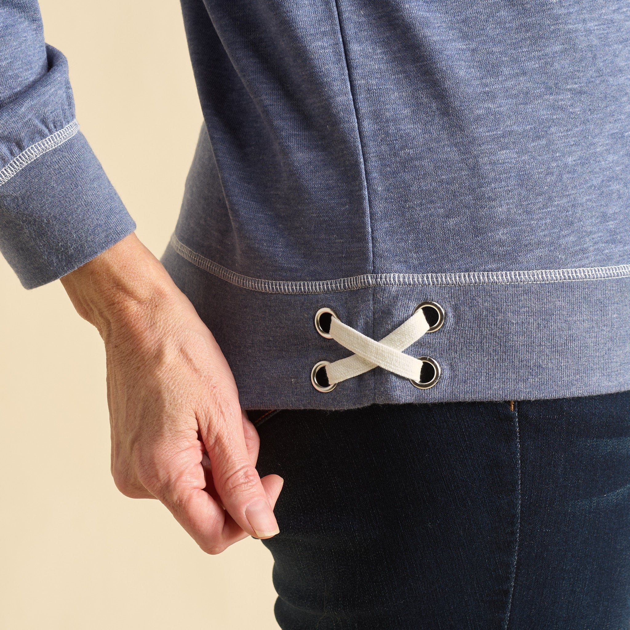 Knit Denim Side Lace Long Sleeve Sweatshirt - Image 4