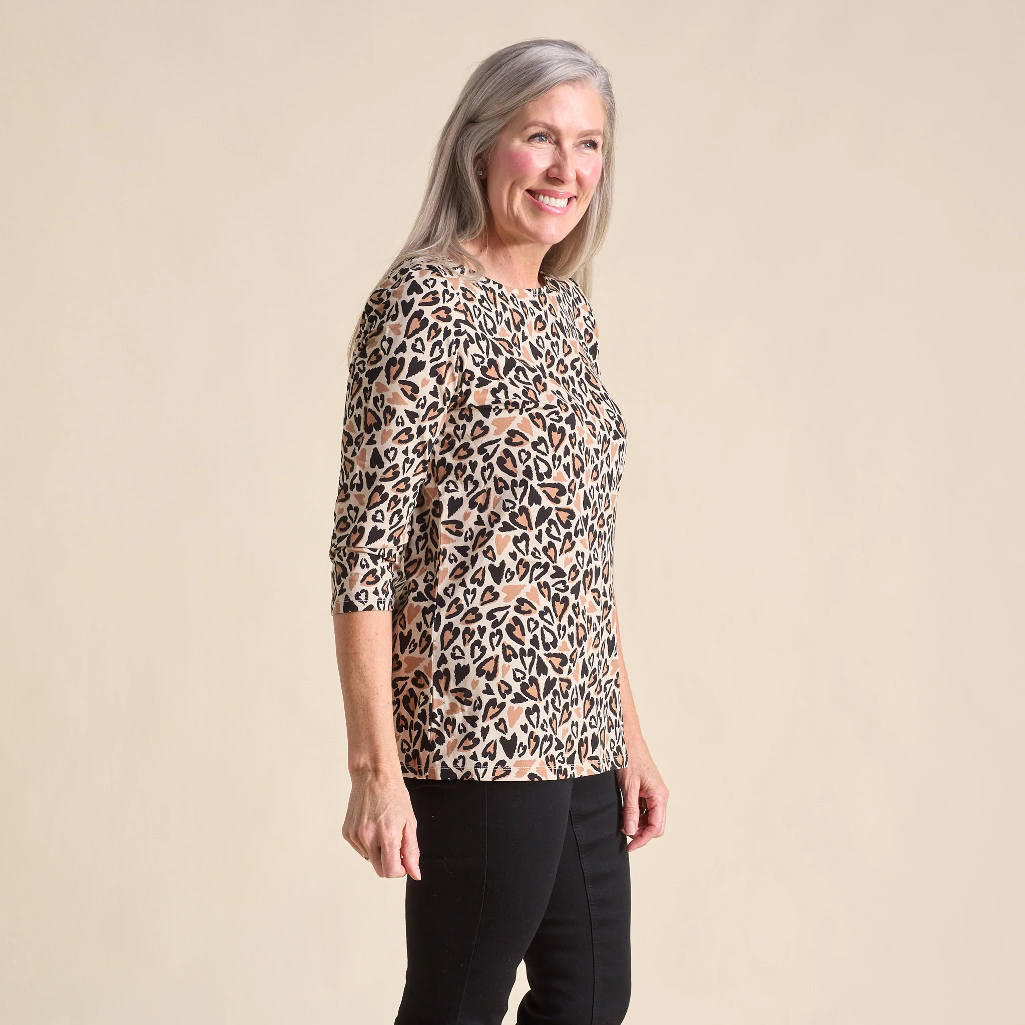 Abstract Animal Print Boatneck 3/4 Sleeve Tee - Image 3
