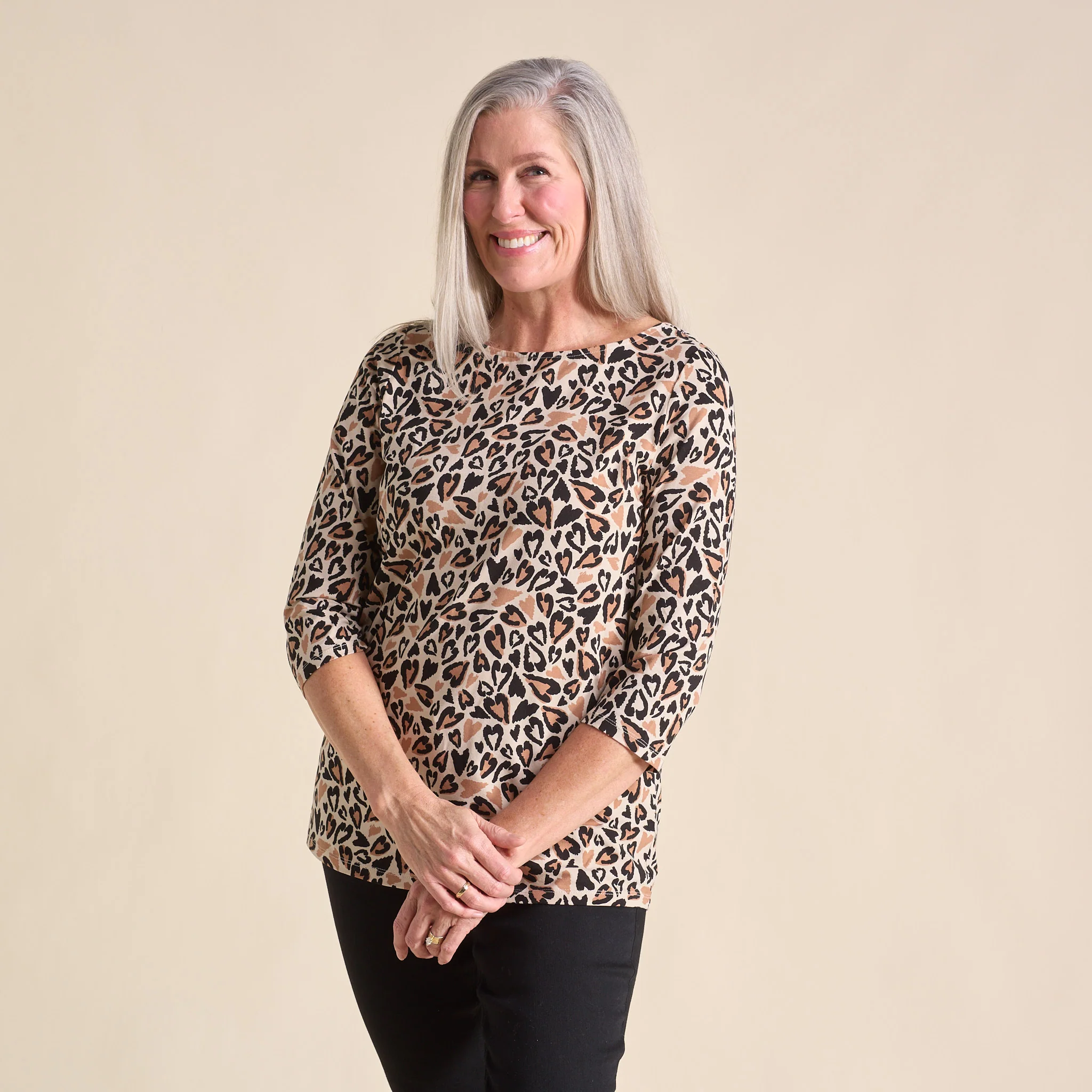 Abstract Animal Print Boatneck 3/4 Sleeve Tee - Image 5