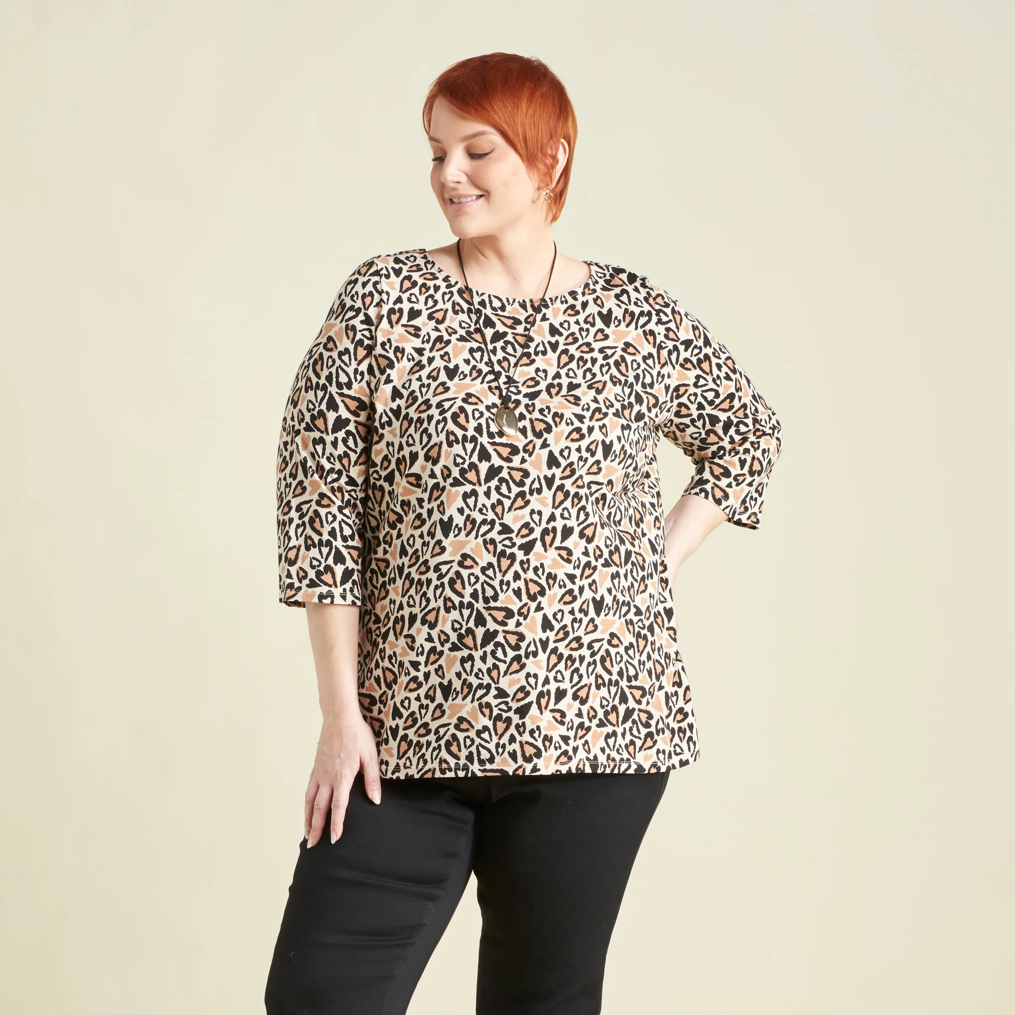 Abstract Animal Print Boatneck 3/4 Sleeve Tee - Image 6