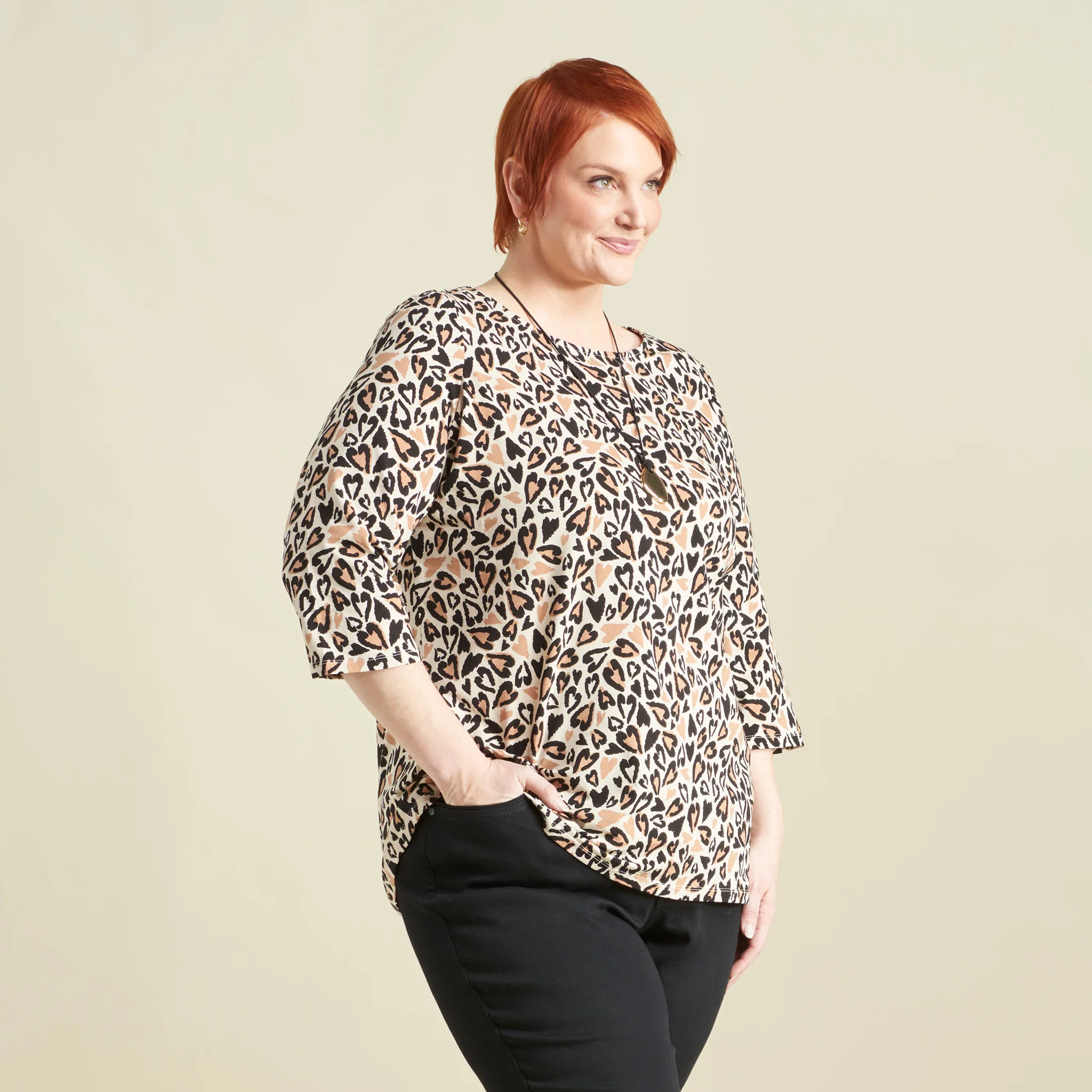 Abstract Animal Print Boatneck 3/4 Sleeve Tee - Image 8