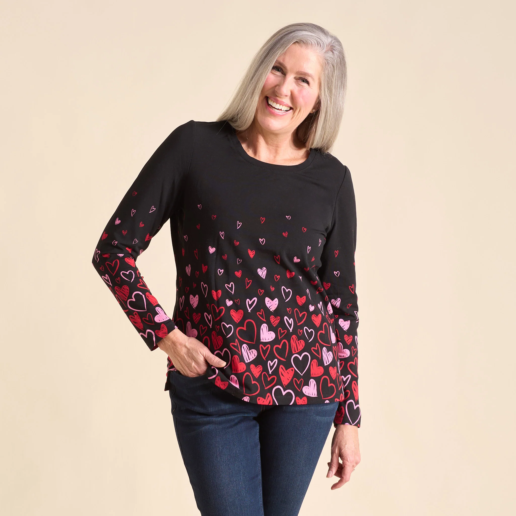 Heart Print Jewel Neck Long Sleeve Tee