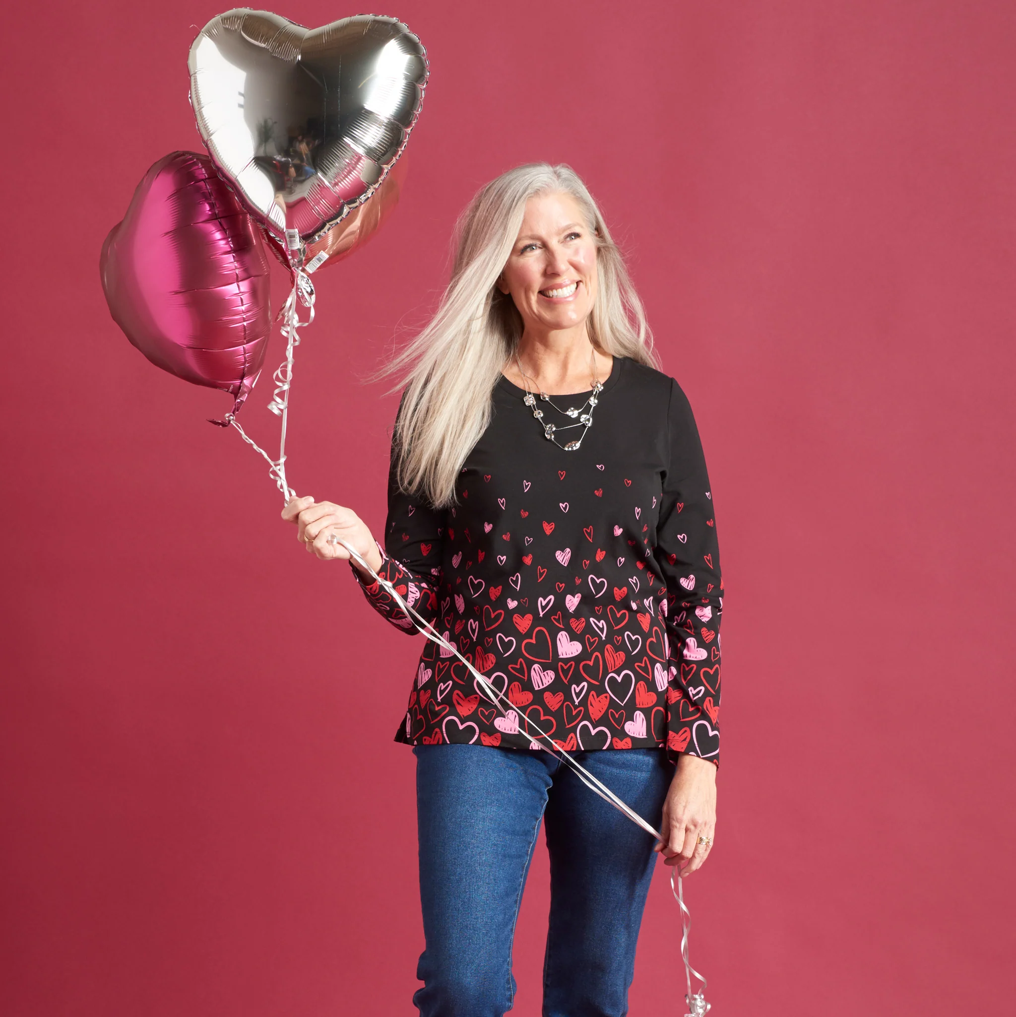 Heart Print Jewel Neck Long Sleeve Tee - Image 2