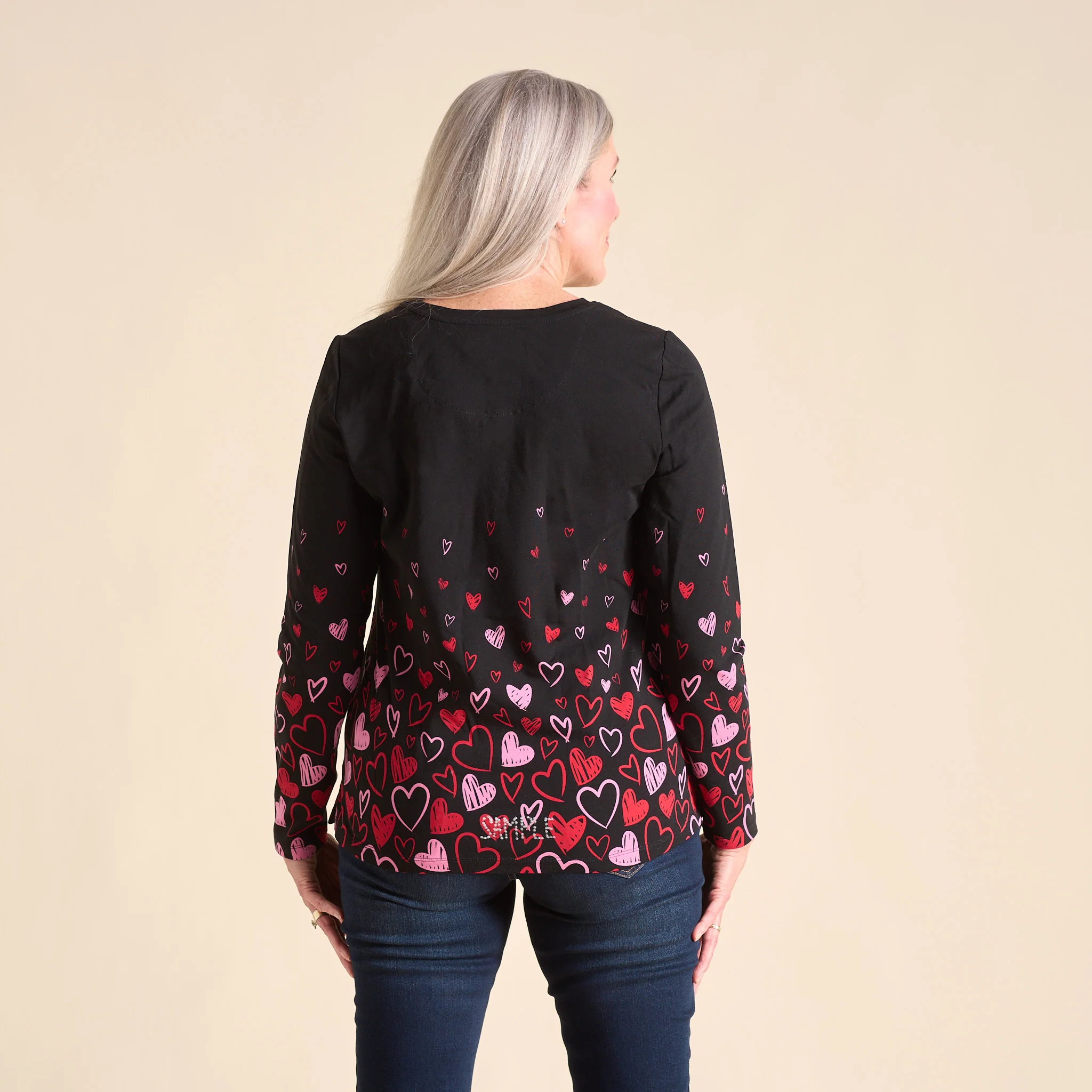 Heart Print Jewel Neck Long Sleeve Tee - Image 3