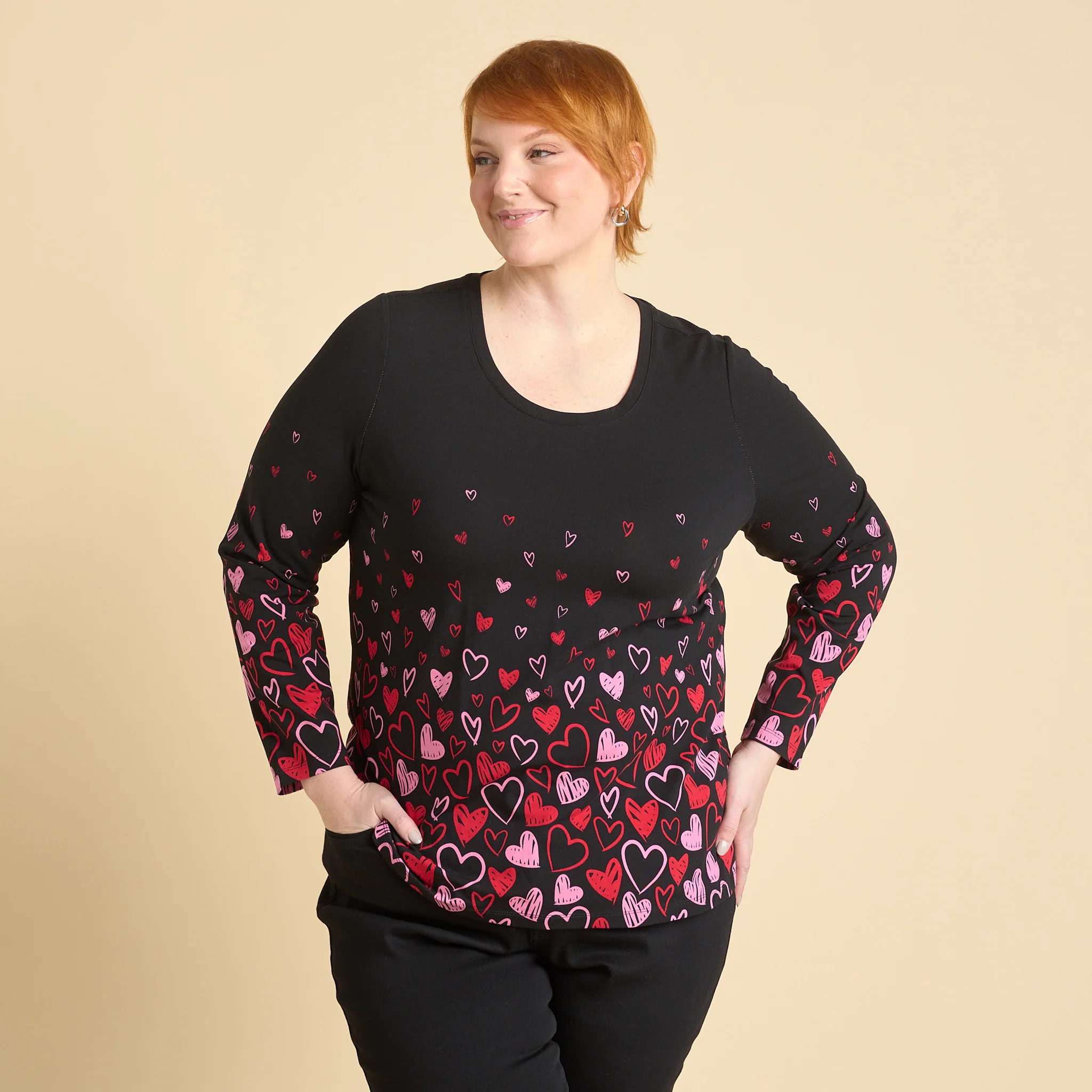 Heart Print Jewel Neck Long Sleeve Tee - Image 7