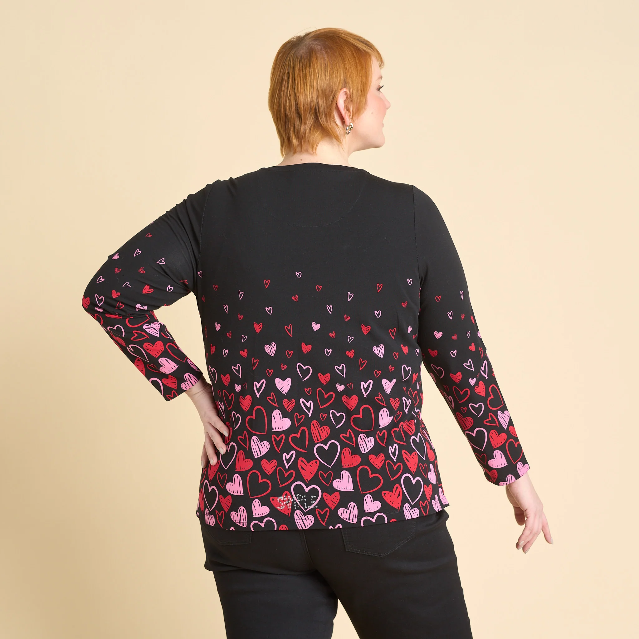 Heart Print Jewel Neck Long Sleeve Tee - Image 8