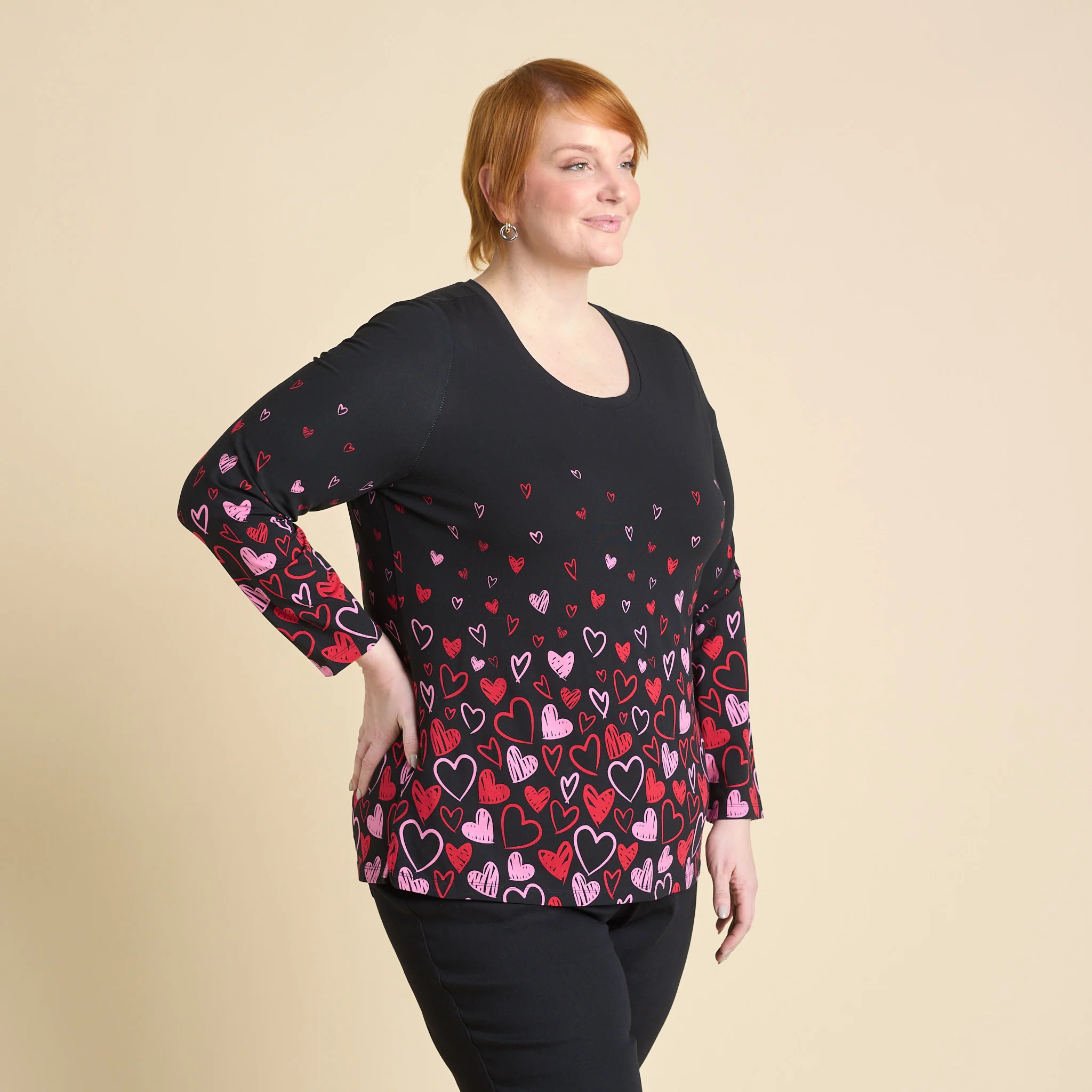 Heart Print Jewel Neck Long Sleeve Tee - Image 9