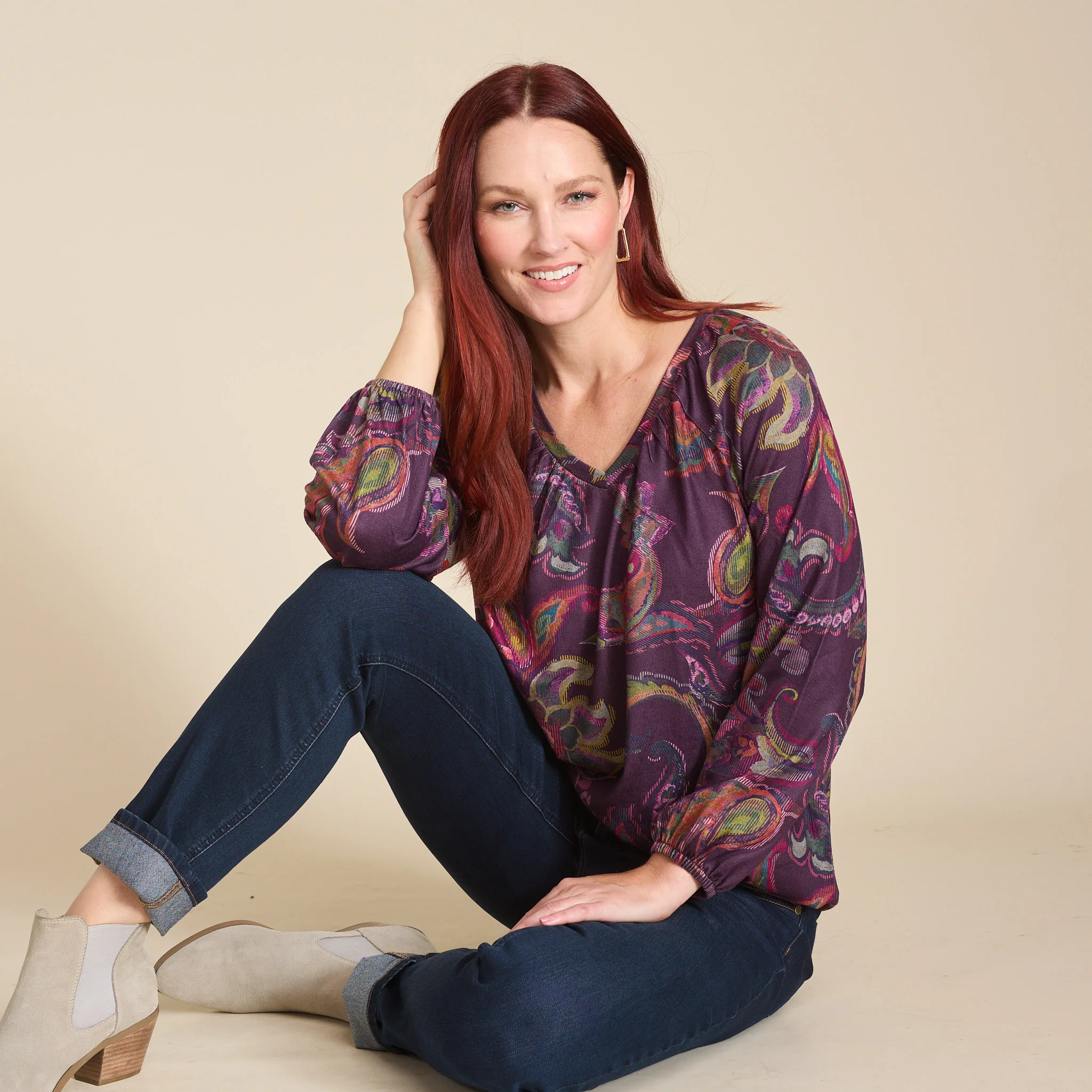 Paisley Print Long Sleeve V Neck Top