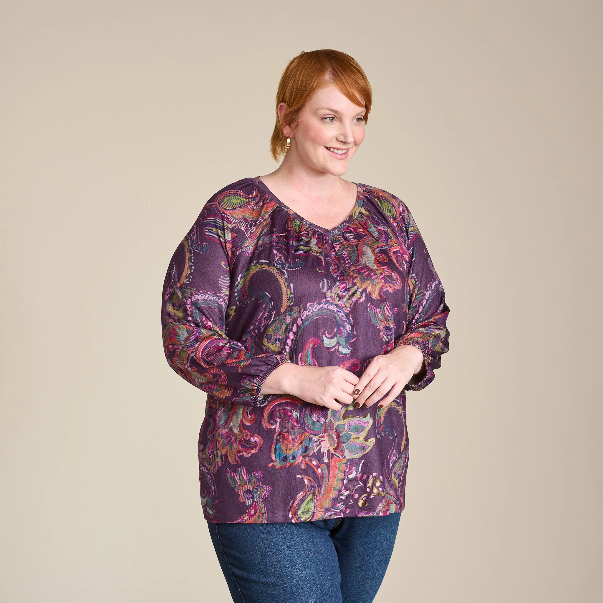 Paisley Print Long Sleeve V Neck Top - Image 10